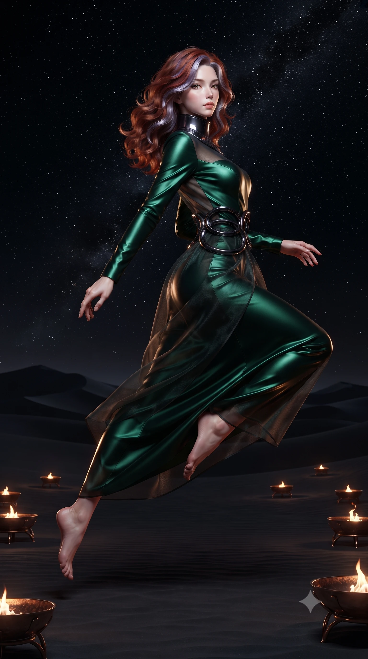 score_9, masterpiece, best quality, ultra-detailed, high-budget anime keyframe, editorial fashion photography, tasteful artistic composition, Caucasian woman. low angle full-body shot from head to toe showing her feet, filling the entire 9:16 vertical frame with her statuesque presence, stretching her vertical silhouette. leaping dynamically through the starry space, her posture full of power and elegance, looking back with a magnetic gaze as bronze braziers cast warm rim rays, dark desert sand dunes stretching silently into a pitch-black starry sky. She has an absolutely perfect, statuesque 8.5-heads proportion, an exceptionally tall and slender model-like female figure with impossibly long slender legs and an ultra-slim waist. sharp v-shaped jawline, high-bridge nose, intricate jewel-like eyes with depth, thick eyelashes, glossy lips with a natural sheen. wearing long-sleeved dark emerald satin gown with high structured collar in metallic dark silver, made of sheer dark organza overlay, accented with sculpted obsidian chrome rings at the waist, following her slender form with tailored precision. surrounded by a warm atmospheric glow with sharp rim highlights. ultra-reflective glossy finish, specular highlights, metallic sheen, high-contrast stereoscopic depth, volumetric dynamic lighting, 2k, ultra detail, master piece, 9:16 ratio