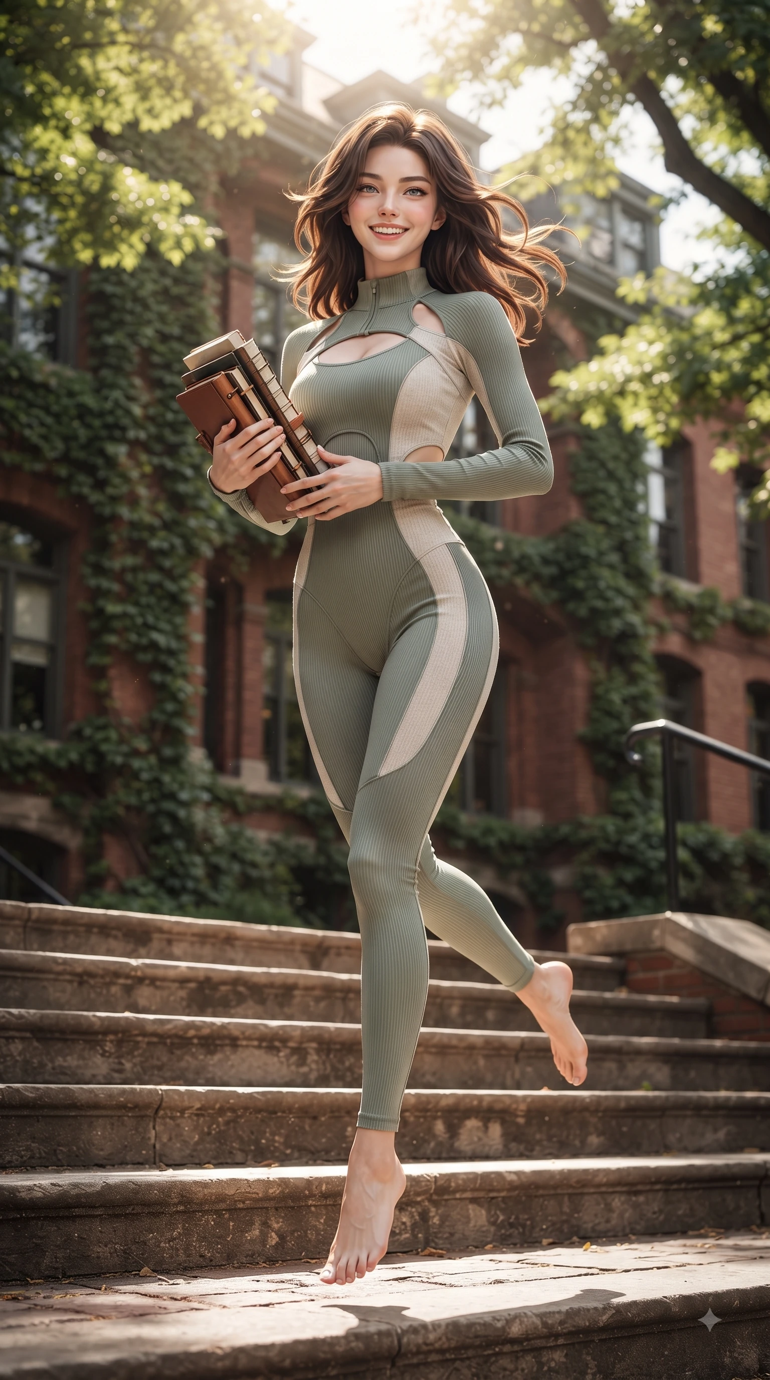 score_9, masterpiece, best quality, ultra-detailed, high-budget anime keyframe, editorial fashion photography, tasteful artistic composition, Korean woman. low angle full-body shot from head to toe showing her feet, filling the entire 9:16 vertical frame with her statuesque presence, stretching her vertical silhouette. performing a cheerful mid-air rotation with flawless poise, her radiant smile capturing fresh college girlhood energy while pivoting dynamically on the steps of a red-brick ivy-covered university hall with a bright smile, stacks of classic textbooks and leather notebooks adding an intelligent college charm. She has an absolutely perfect, statuesque 8.5-heads proportion, an exceptionally tall and slender model-like female figure with impossibly long slender legs and an ultra-slim waist. sharp v-shaped jawline, high-bridge nose, intricate jewel-like eyes with depth, thick eyelashes, glossy lips with a natural sheen, flawlessly proportioned anatomical accuracy, natural body alignment, perfectly sculpted elegant limbs, clean dynamic posture without body distortion. wearing a form-fitting ribbed activewear set with elegant collar cutouts in sage green and oatmeal, made of fine carbon-fiber weave and soft matte leather, featuring clean architectural cutouts along her slender torso, the glove-like fit emphasizing her statuesque silhouette during motion. bathed in brilliant sunny morning light filtering through oak tree canopies. ultra-reflective glossy finish, specular highlights, metallic sheen, high-contrast stereoscopic depth, volumetric dynamic lighting, 2k, ultra detail, master piece, 9:16 ratio