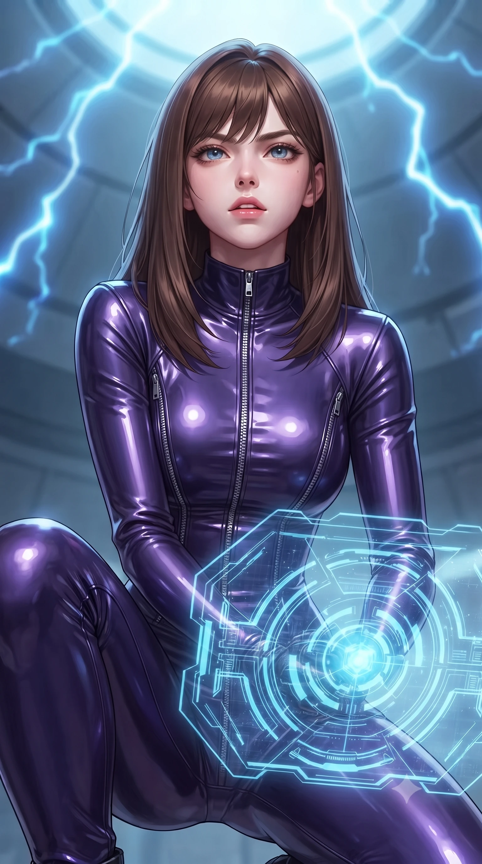 score_9, masterpiece, best quality, ultra-detailed, high-budget anime keyframe, editorial fashion photography, tasteful artistic composition, Korean woman. close-up cowboy shot from the waist and thighs up, the character dominates the composition, filling the frame with her large presence, background elements kept in soft focus. crouching slightly behind a glowing holographic shield emitter, looking up with defiance and lips slightly parted, the background shows a soft-focus a cybernetic combat dome with electric blue plasma arcs dancing on the ceiling. She has an exceptionally elegant, slender, and willowy female figure with an ultra-slim waist, a gracefully sculpted slender torso, and a refined silhouette. sharp v-shaped jawline, high-bridge nose, intricate jewel-like eyes with depth, thick eyelashes, glossy lips with a natural sheen. wearing a body-hugging form-contouring pilot flight suit in deep purple liquid vinyl, featuring a snug mock-neck and chrome zipper details. pulsing electric blue plasma arc lighting casting dynamic highlights from above. ultra-reflective glossy finish, specular highlights, metallic sheen, high-contrast stereoscopic depth, volumetric dynamic lighting, 2k, ultra detail, master piece, 9:16 ratio
