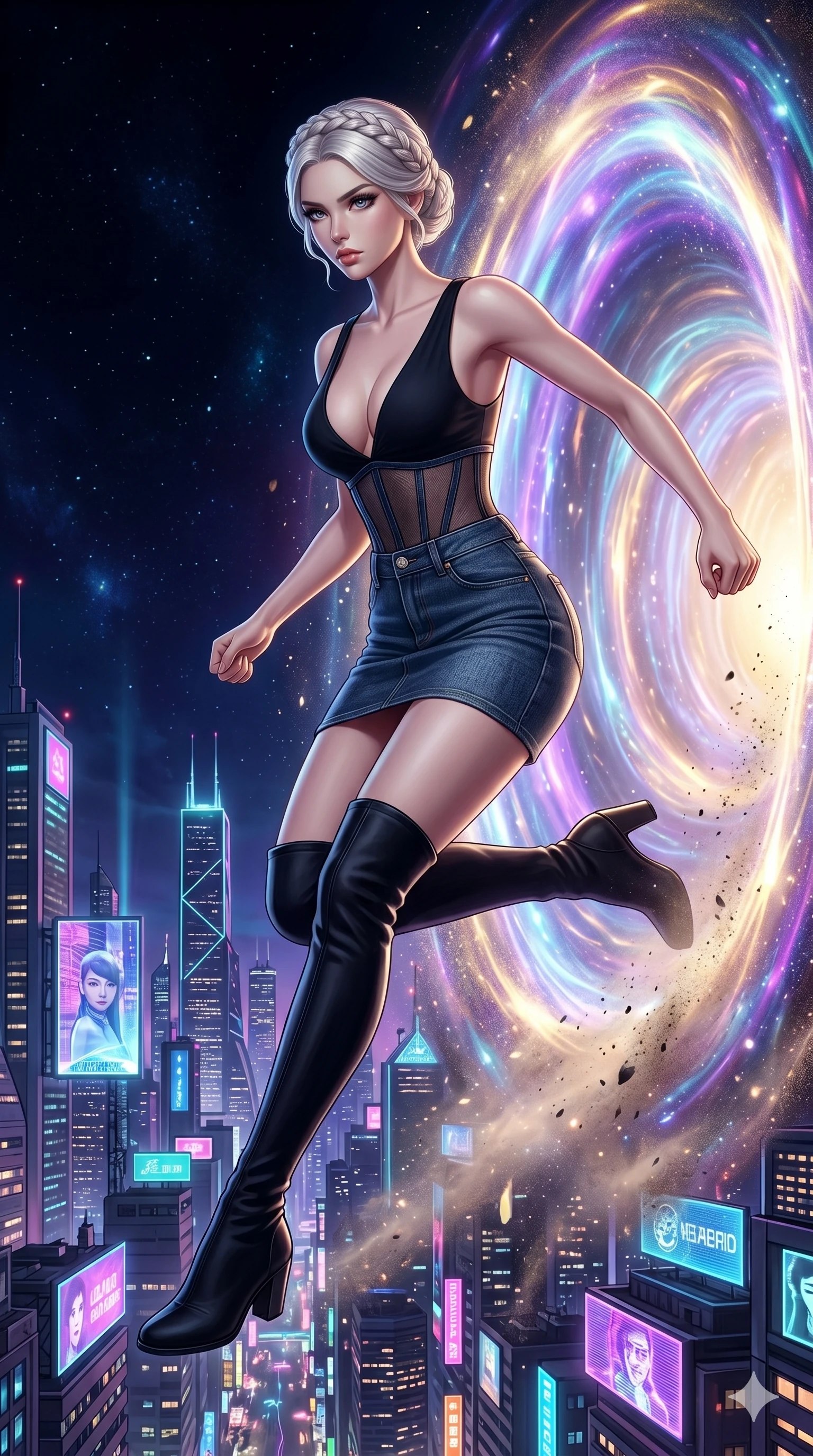 score_9, masterpiece, best quality, ultra-detailed, Set A: Photorealistic 8k CG, Japanese woman. Low angle cowboy shot filling the entire 9:16 frame with her statuesque presence. Leaping through a portal made of swirling light and color into a futuristic city. She has an absolutely perfect 8-heads proportion, an exceptionally tall and slender female figure with impossibly long slender legs and an ultra-slim waist. Sharp v-shaped jawline, high-bridge nose, intricate jewel-like eyes with depth, thick eyelashes, glossy lips. Wearing an Urban Trendsetter outfit: deep-cut bodycon dress with high-waist denim and sheer corset. Background is a bright and colorful transition between a cosmic void and a neon-lit metropolis. 2k, ultra detail, master piece, 9:16 ratio
