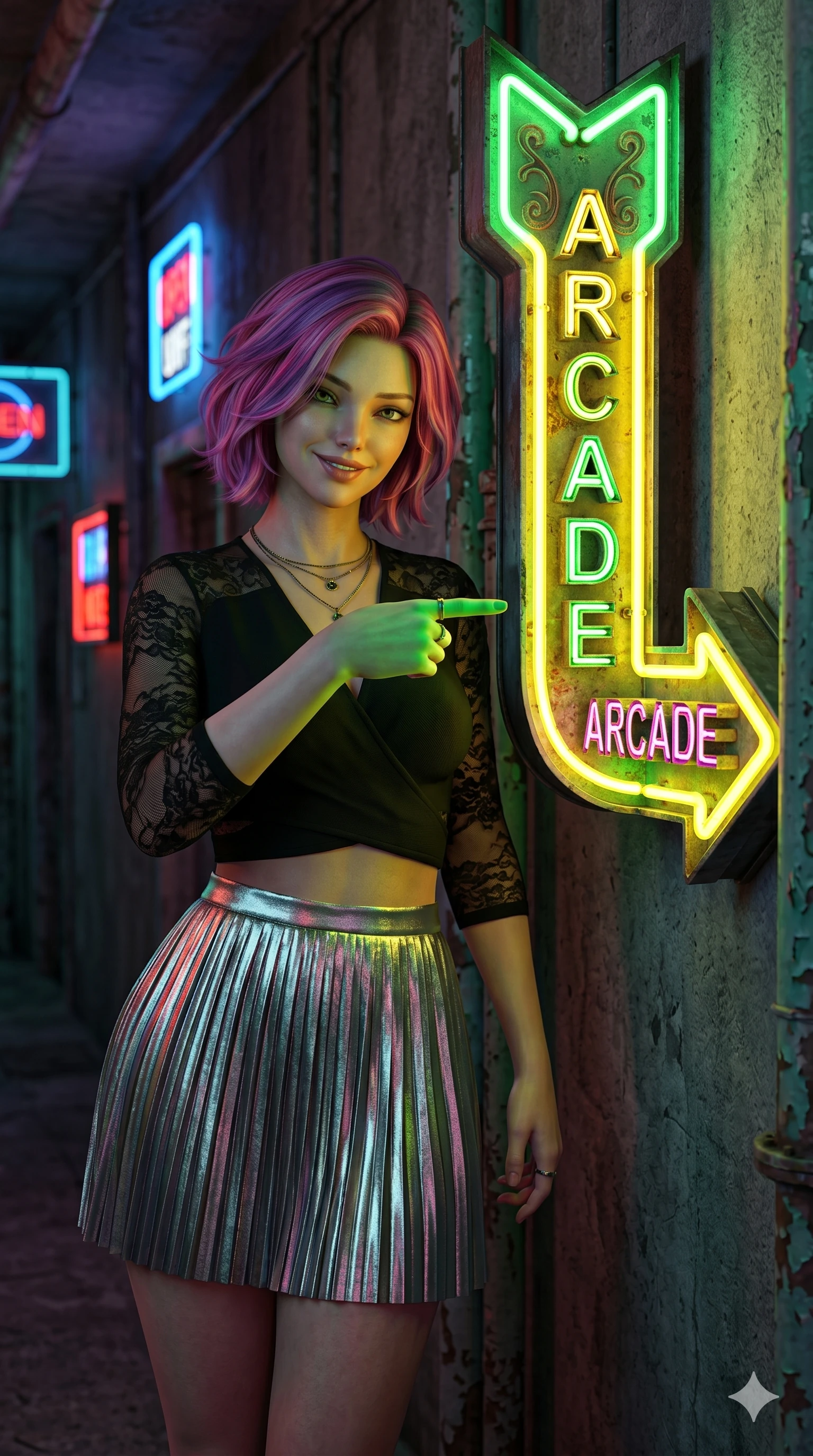 score_9, masterpiece, best quality, ultra-detailed, high-budget anime keyframe, semi-realistic 3D game render, Caucasian woman, strictly human ears. Upper body close-up from the thighs up, character filling the screen for maximum presence. Standing next to a retro neon arrow sign in a corridor, pointing in the direction of the arrow with a playful, teasing smile. She is wearing a cropped wrap top with sheer panels and a high-waisted metallic skirt. The scene is lit by the intense green and yellow glow of the neon arrow sign. 2k, ultra detail, master piece, 9:16 ratio