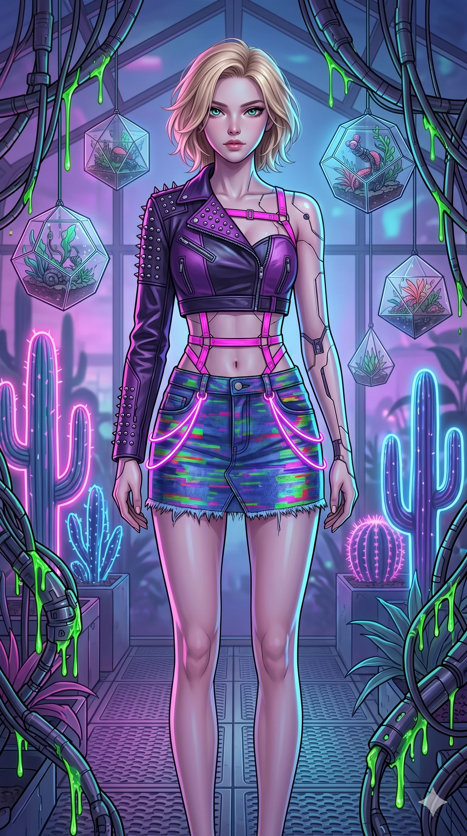 score_9, masterpiece, best quality, ultra-detailed, high-budget anime keyframe, Korean woman. upper body close-up from the thighs up, character filling the screen for maximum presence. standing in a retro-futuristic synthwave greenhouse where glowing neon cacti and polyhedral glass terrariums float around her, while fluorescent cyber-sap drips from cybernetic vines. She has an absolutely perfect 8-heads proportion, an exceptionally tall and slender female figure with impossibly long slender legs and an ultra-slim waist. V-shaped jawline, high-bridge nose, intricate jewel-like eyes with depth, thick eyelashes, glossy lips with a natural sheen.. wearing a glitch denim and studded leather outfit, featuring an RGB glitch pattern denim micro-skirt, a single-sleeve cropped leather jacket, and neon pink harness straps. lit by a soft glowing ambient light and a sharp side key light that traces the sleek contours of her athletic build. 2k, ultra detail, master piece, 9:16 ratio