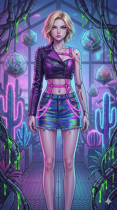 score_9, masterpiece, best quality, ultra-detailed, high-budget anime keyframe, Korean woman. upper body close-up from the thighs up, character filling the screen for maximum presence. standing in a retro-futuristic synthwave greenhouse where glowing