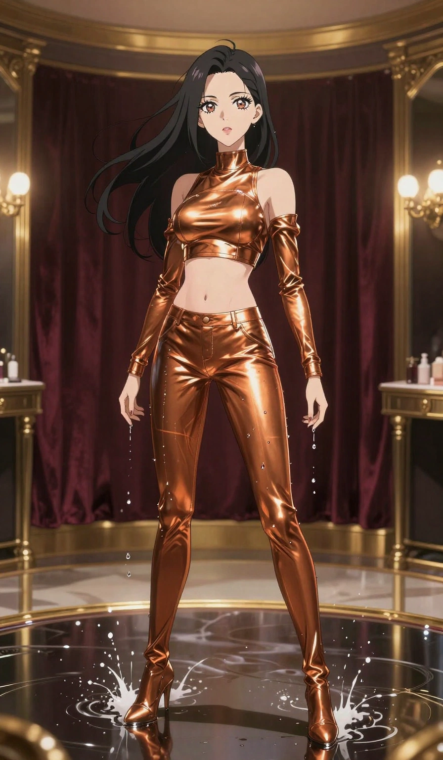 score_9, masterpiece, best quality, ultra-detailed, High-budget Anime Keyframe, East Asian woman. Dynamic full-body shot stretching the vertical silhouette to the limit. Scenario 482: rising from a pool of mercury-like liquid, droplets rolling off her skin, in a velvet-lined dressing room illuminated by soft golden spotlights. Her presence is magnetic and overpowering in this high-budget anime scene. Outfit 482: a body-hugging metallic copper liquid silk jumpsuit worn over an opaque crop top and high-waisted shorts. The clothing is designed to emphasize her exceptionally tall and slender 8-heads proportion. 8-heads proportion, towering silhouette, ultra-slim waist. sharp v-shaped jawline, intricate jewel-like eyes with depth, thick eyelashes, glossy lips. 2k, ultra detail, master piece, 9:16 ratio