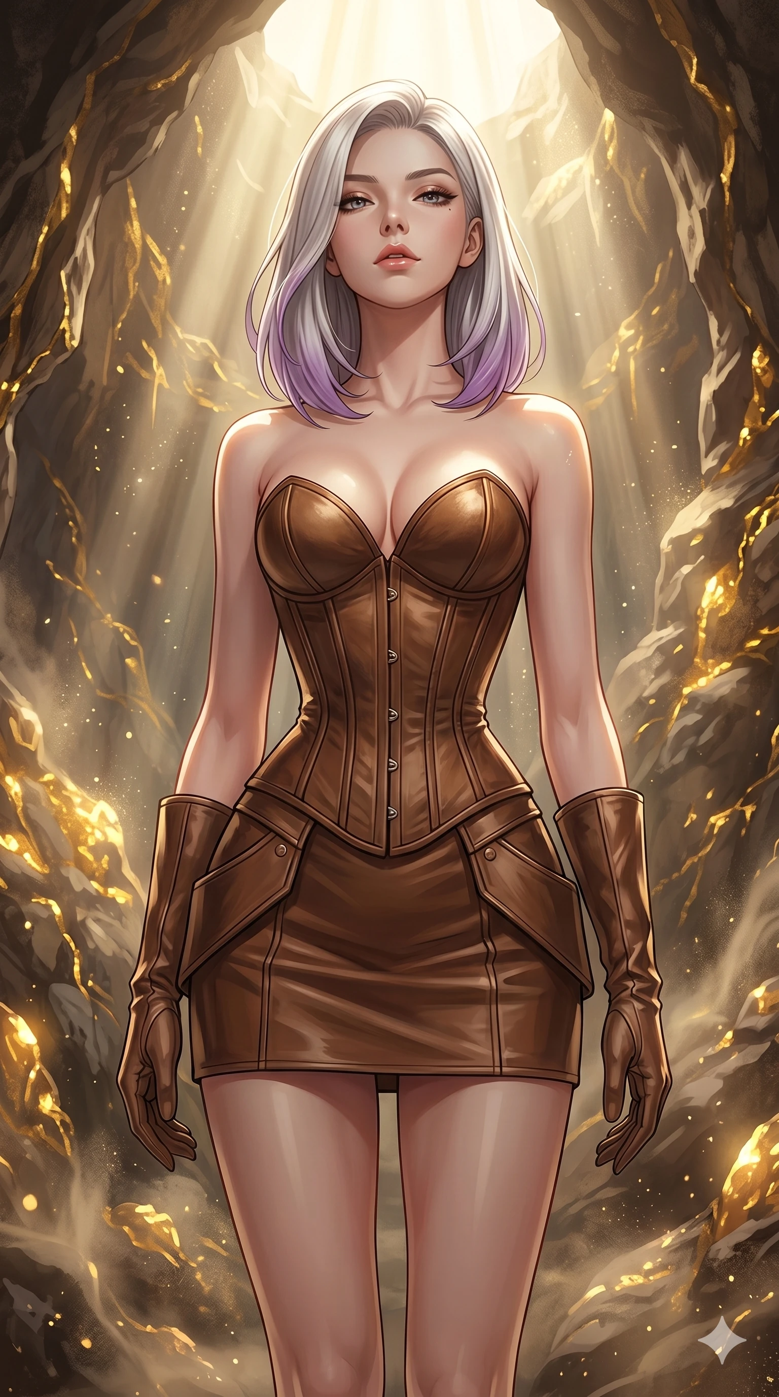 score_9, masterpiece, best quality, ultra-detailed, high-budget anime keyframe, editorial fashion photography, tasteful artistic composition, Caucasian woman, strictly human ears. cowboy shot from the thighs up, character and outfit filling the frame for maximum editorial presence. tilting her head back slightly with a confident and powerful expression in a secret cavern filled with glowing golden mineral veins and dust (Code-P18-180). She has an absolutely perfect 8-heads proportion, an exceptionally tall and slender female figure with impossibly long slender legs and an ultra-slim waist. V-shaped jawline, high-bridge nose, intricate jewel-like eyes with depth, thick eyelashes, glossy lips with a natural sheen. wearing a leather corset with sweetheart neckline revealing her cleavage. drenched in soft morning sunbeams flowing from a high window, creating a serene mood. 2k, ultra detail, master piece, 9:16 ratio
