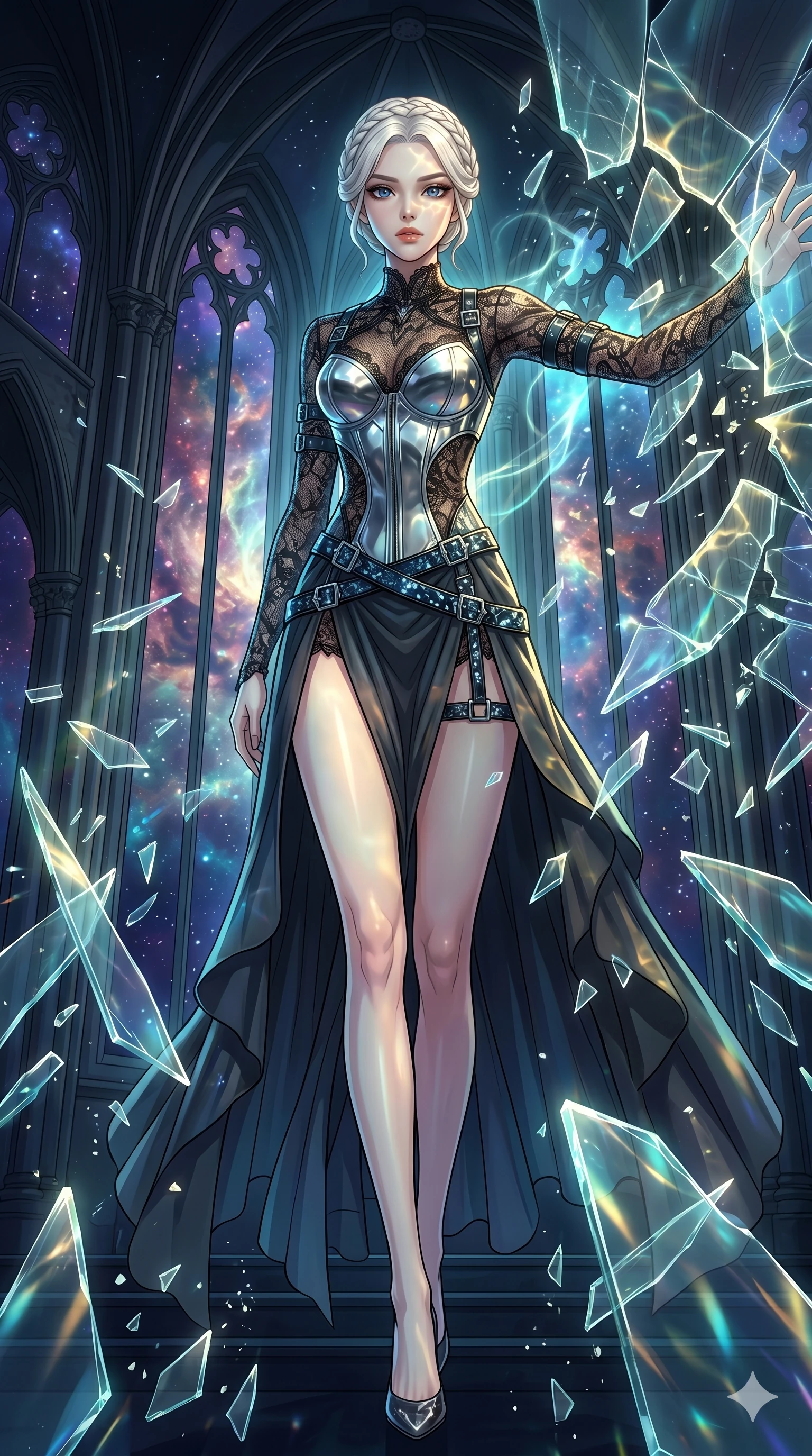 score_9, masterpiece, best quality, ultra-detailed, High-budget Anime Keyframe, vibrant colors, fluid line-art, expressive lighting, cinematic composition, Ufotable-style visual effects, top-tier animation quality, Korean woman with idol-like refined features. Dynamic full-body shot stretching the vertical silhouette, capturing her from a powerful low-angle perspective. Shattering a massive wall of reinforced glass with her sheer powerful mental aura, shards of glass flying in slow motion around her. She has an absolutely perfect 8-heads proportion, an exceptionally tall and slender female figure with impossibly long slender legs and an ultra-slim waist, her statuesque height and towering silhouette dominating the vertical 9:16 frame. Her face is a masterpiece featuring a sharp v-shaped jawline, high-bridge nose, intricate jewel-like eyes with depth, thick eyelashes, and glossy lips with a natural sheen. She is wearing a Chrome-plated corset over a sheer lace base with tactical straps and metallic buckles crafted from Obsidian-glass scales that shimmer with a dark, crystalline brilliance, with a dangerous high slit that showcases her impossibly long slender legs. The scene is set in a majestic gothic cathedral in deep space with massive windows overlooking a swirling nebula, illuminated by underwater caustic lighting with ripples of light dancing across her body. 2k, ultra detail, master piece, 9:16 ratio