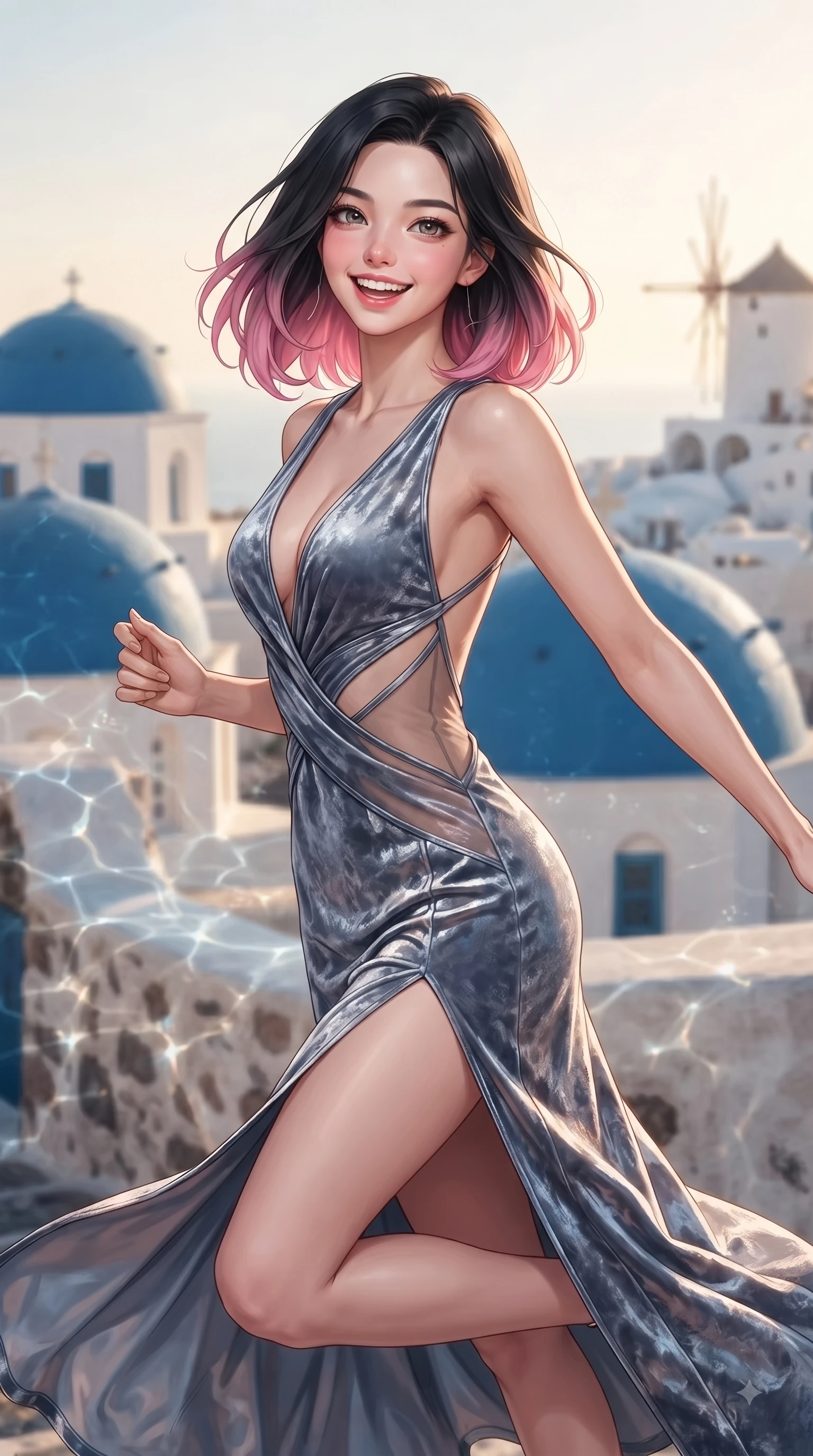 score_9, masterpiece, best quality, ultra-detailed, high-budget anime keyframe, editorial fashion photography, tasteful artistic composition, Korean woman. close-up cowboy shot from the waist and thighs up, the character dominates the composition, filling the frame with her large presence, background elements kept in soft focus. Cheerful beaming smile with parted lips, exuding pure enchanting charm while turning dynamically toward the camera while leaping playfully with a bright smile in front of iconic blue-domed churches and white windmills, glistening water reflections dancing dynamically across whitewashed stone walls. She has an exceptionally elegant, slender, and willowy female figure with an ultra-slim waist, a gracefully sculpted slender torso, and a refined silhouette. sharp v-shaped jawline, high-bridge nose, intricate jewel-like eyes with depth, thick eyelashes, glossy lips with a natural sheen, flawlessly proportioned anatomical accuracy, natural body alignment, perfectly sculpted elegant limbs, clean dynamic posture without body distortion. wearing a backless crushed velvet gown with a deep V-neckline and high thigh slit in slate blue and metallic silver, woven from fine semi-opaque sheer organza, featuring clean architectural cutouts along her slender torso, the elegant draped fit framing her graceful clavicle and slender torso. illuminated by warm golden sunlight with soft terracotta ambient fill. ultra-reflective glossy finish, specular highlights, metallic sheen, high-contrast stereoscopic depth, volumetric dynamic lighting, 2k, ultra detail, master piece, 9:16 ratio