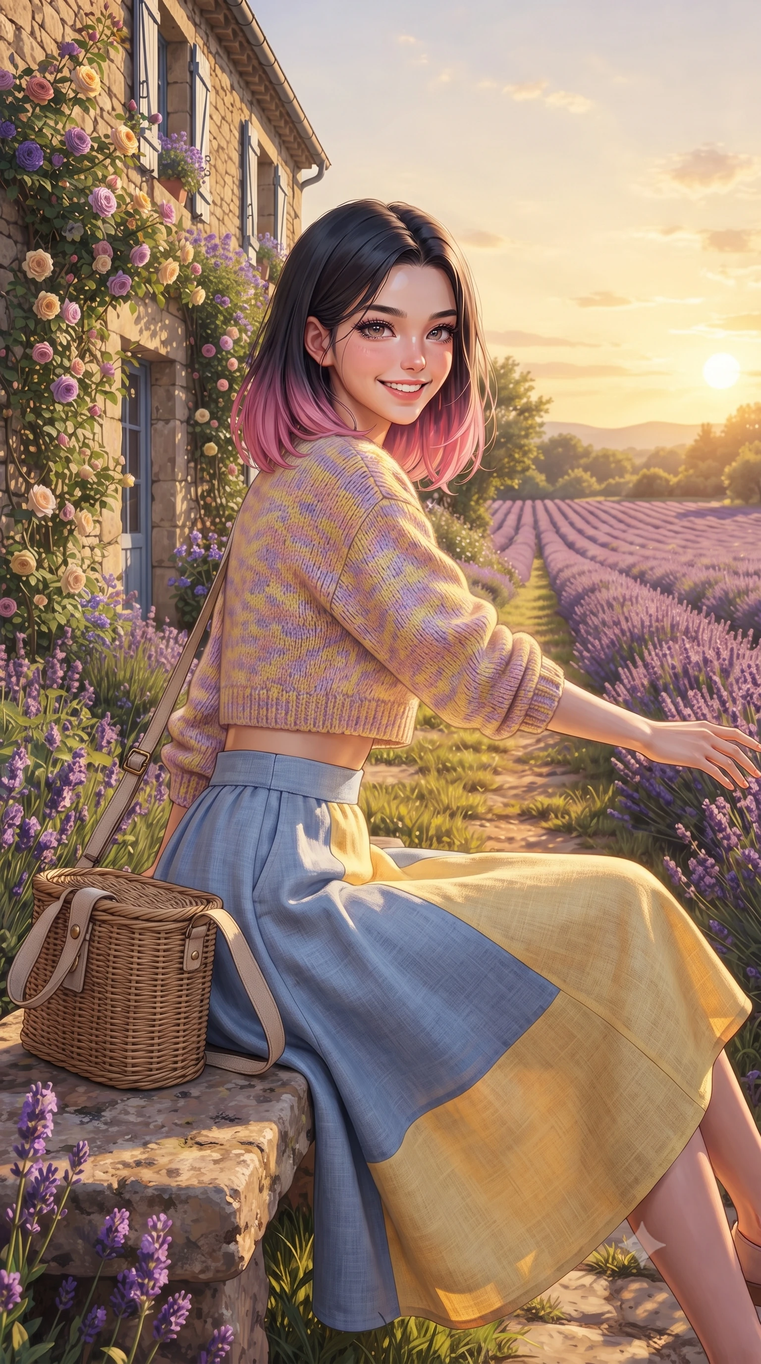 score_9, masterpiece, best quality, ultra-detailed, high-budget anime keyframe, editorial fashion photography, tasteful artistic composition, Korean woman. close-up cowboy shot from the waist and thighs up, the character dominates the composition, filling the frame with her large presence. extending one arm gracefully toward the scenery while turning back with an infectious, heartwarming smile while sitting beside a charming historic French stone cottage covered in climbing roses, smiling warmly at the camera. The surrounding environment is rendered in vivid detail and crisp panoramic clarity. rich color saturation of violet flora and golden Mediterranean sunlight captured with sharpness. She has an exceptionally elegant, slender, and willowy female figure with an ultra-slim waist, a gracefully sculpted slender torso, toned flat midriff, and a refined slim silhouette. sharp v-shaped jawline, high-bridge nose, intricate jewel-like eyes with depth, thick eyelashes, glossy lips with a natural sheen, pure and lovely fresh girlhood expression, flawlessly proportioned anatomical accuracy, strict slender model proportions, natural body alignment, perfectly sculpted long slender limbs, ultra-slim waistline, clean dynamic posture without body distortion. wearing a stylish cropped pastel knit pullover paired with a high-waisted flowy A-line linen skirt in sunny daffodil yellow and french blue, tailored from crisp organic cotton poplin, accessorized with a rustic woven wicker bag and canvas strap, the relaxed yet flattering fit accentuating her naturally graceful and slender figure, highlighting her youthful charm and lovely silhouette. bathed in warm golden hour sunlight casting long romantic shadows across the purple lavender rows. ultra-reflective glossy finish, specular highlights, rich natural textures, high-contrast stereoscopic depth, volumetric dynamic lighting, 2k, ultra detail, master piece, 9:16 ratio