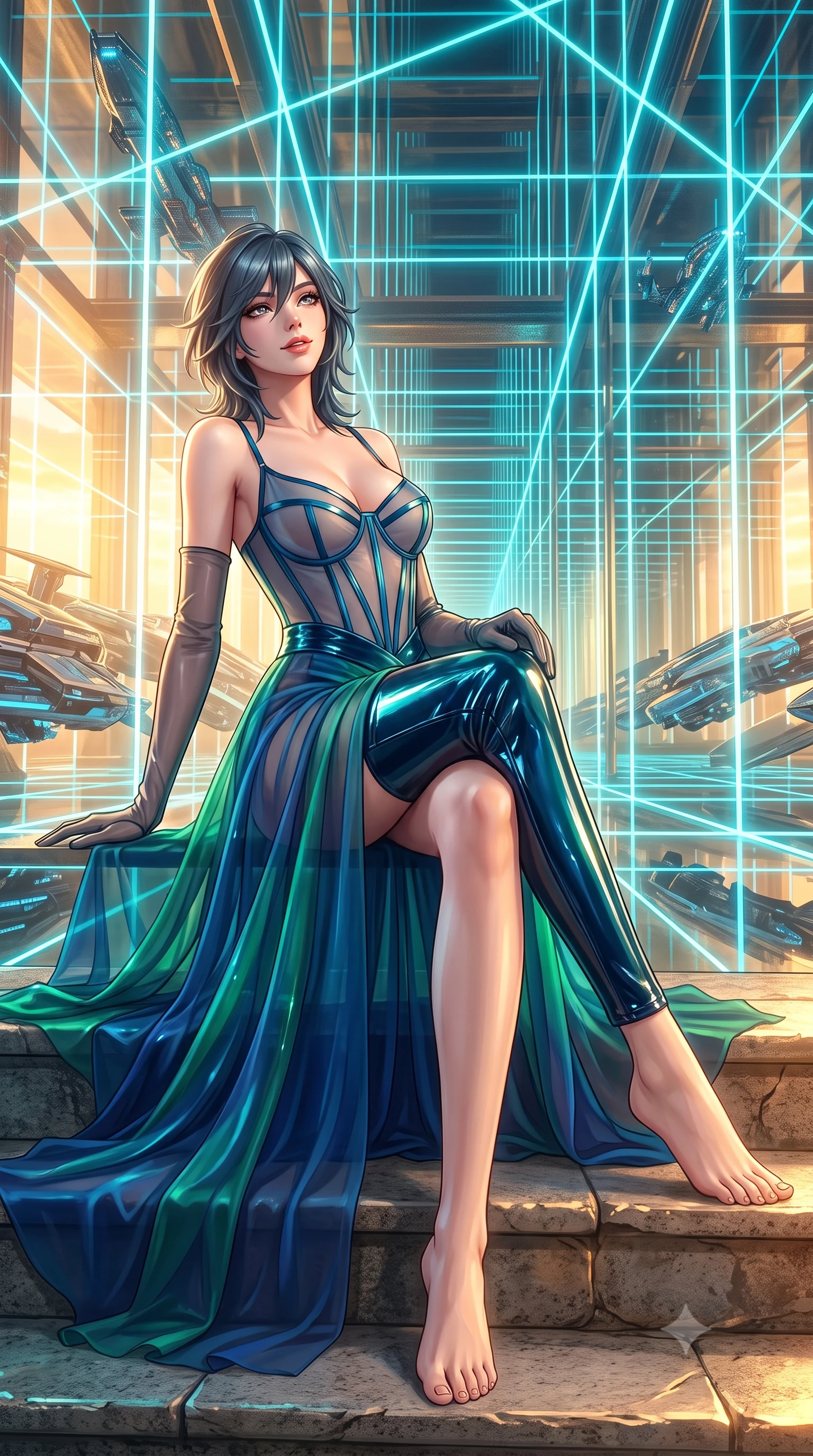 score_9, masterpiece, best quality, ultra-detailed, high-budget anime keyframe, semi-realistic 3D game render, editorial fashion photography, tasteful artistic composition, Caucasian woman. low angle full-body shot from head to toe showing her feet, filling the entire 9:16 vertical frame with her statuesque presence, stretching her vertical silhouette. sitting poised on the stone steps with one knee bent, arching her spine with supermodel elegance as she glances upward through thick eyelashes while standing poised in the infinite smart-mirror gallery reflecting endless recursive laser corridors, arching her spine with breathtaking anime heroine allure. The surrounding environment is rendered in vivid detail and crisp panoramic clarity: detailed anime styling, glossy highlights, and royal cybernetic palace craft in high resolution. She has an exceptionally tall and slender model-like 8.5-heads proportion, an ultra-slim waist, a flat toned midriff, narrow delicate ribcage, and beautifully sculpted feminine hips creating a graceful, slim hourglass silhouette without any bulky heaviness, with impossibly long slender legs. sharp v-shaped jawline, high-bridge nose, intricate jewel-like sparkling eyes with depth, thick eyelashes, glossy parted lips with a natural peach sheen, bright cheerful beaming smile with an enchanting and coquettish sensual glint, exuding both youthful cute charm and seductive allure, flawlessly proportioned anatomical accuracy, strict slender model proportions, natural body alignment, perfectly sculpted long slender limbs, ultra-slim waistline, clean dynamic posture without body distortion. wearing a provocative translucent mesh corset bodice with boned satin channels paired with a sheer chiffon wrap skirt in abyssal ocean sapphire and bioluminescent emerald, tailored from high-gloss patent leather with mirror-like specular highlights, complemented by sheer opera-length evening gloves tracing her slender arms, the impeccably tailored cut draping gracefully along her slender figure with aristocratic poise. bathed in the blinding golden hour 2800K palace sunset mixed with delicate cyan laser grid lines. highly saturated vibrant anime colors, detailed shading with soft gradients, rich glossy textures, high-contrast stereoscopic depth, volumetric dynamic lighting, master piece, 9:16 ratio
