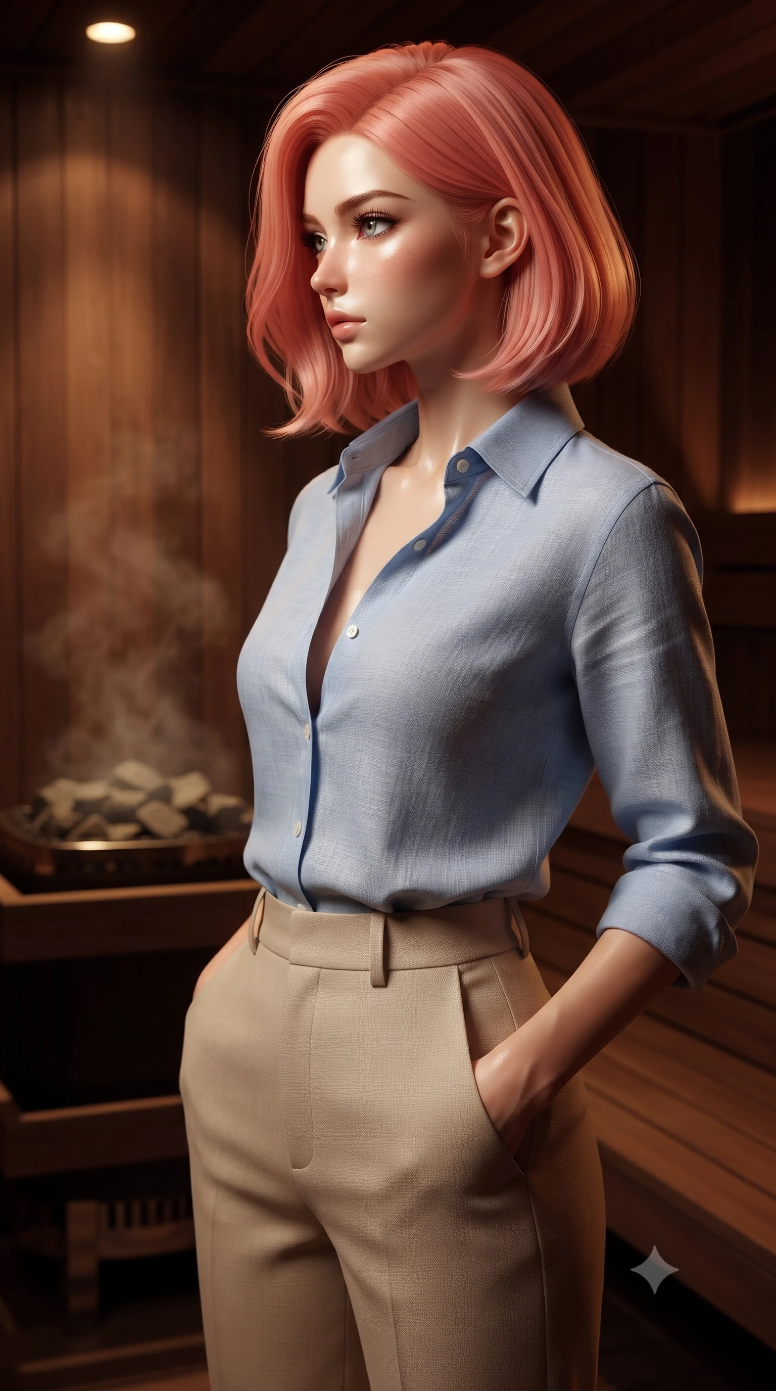 score_9, masterpiece, best quality, ultra-detailed, high-budget anime keyframe, editorial fashion photography, tasteful artistic composition, Japanese woman woman. close-up cowboy shot from the waist and thighs up, the character dominates the composition, filling the frame with her large presence, background elements kept in soft focus. turning her face in sharp profile, casting a cold, mysterious, yet intensely alluring side gaze, the background shows a soft-focus a cozy private sauna built of dark cedarwood with hot stones venting steam softly. She has an exceptionally elegant, slender, and willowy female figure with an ultra-slim waist, a gracefully sculpted slender torso, and a refined silhouette. sharp v-shaped jawline, high-bridge nose, intricate jewel-like eyes with depth, thick eyelashes, glossy lips with a natural sheen. wearing a tailored tailored linen dress shirt in soft sky blue, tucked into high-waisted sand trousers. warm low-key amber lights highlighting the glossy textures on her skin. ultra-reflective glossy finish, specular highlights, metallic sheen, high-contrast stereoscopic depth, volumetric dynamic lighting, 2k, ultra detail, master piece, 9:16 ratio