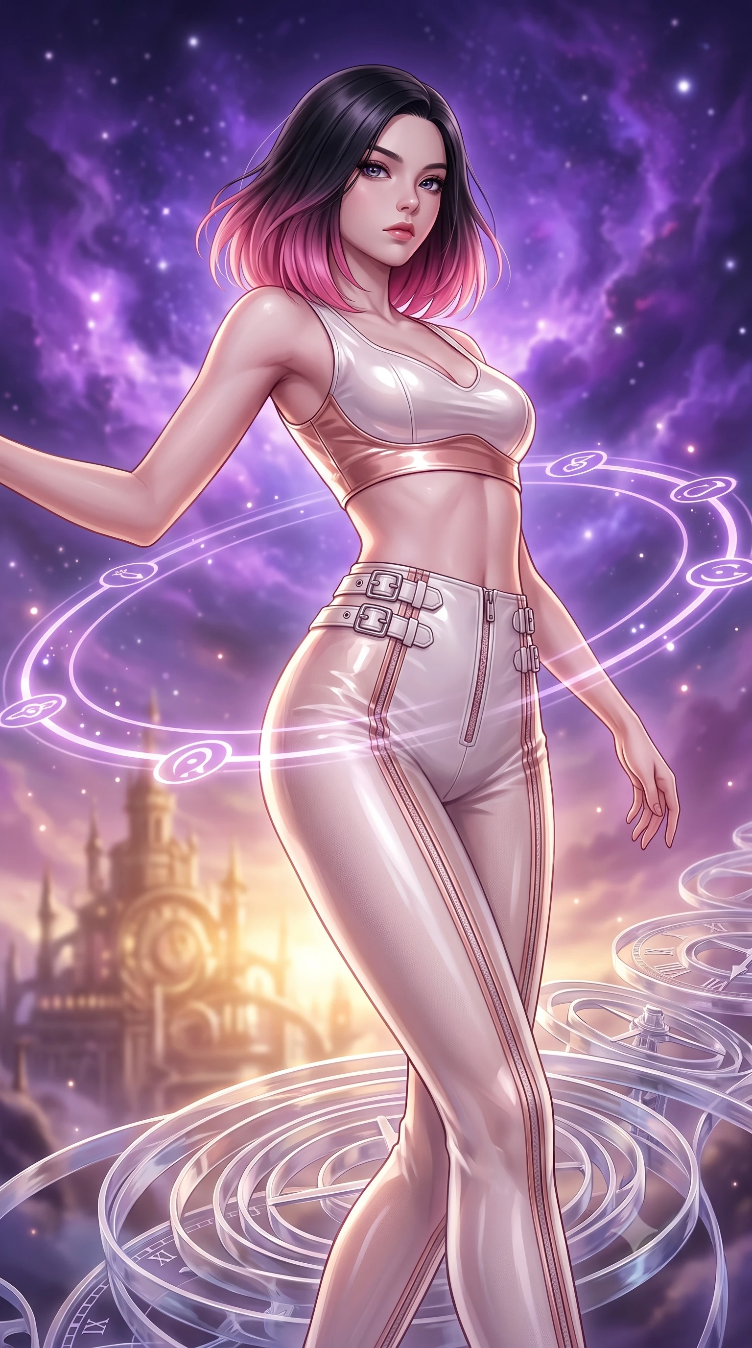 score_9, masterpiece, best quality, ultra-detailed, high-budget anime keyframe, editorial fashion photography, tasteful artistic composition, Korean woman. close-up cowboy shot from the waist and thighs up, the character dominates the composition, filling the frame with her large presence, background elements kept in soft focus. Gazing past the lens with composed intensity as her torso curves dynamically in mid-motion while balancing on a translucent clock springs bridge under a swirling violet nebula sky, glowing orbital glyphs hovering in fluid circular paths around her torso. She has an exceptionally elegant, slender, and willowy female figure with an ultra-slim waist, a gracefully sculpted slender torso, and a refined silhouette. sharp v-shaped jawline, high-bridge nose, intricate jewel-like eyes with depth, thick eyelashes, glossy lips with a natural sheen, flawlessly proportioned anatomical accuracy, natural body alignment, perfectly sculpted elegant limbs, clean dynamic posture without body distortion. wearing a glossy vinyl crop top and high-waist tailored leggings with sleek zippers in pearl white and rose gold, woven from fine semi-opaque sheer organza, detailed with polished silver buckles along the waistline, the glove-like fit emphasizing her statuesque silhouette during motion. bathed in brilliant starlight and warm golden inner glow from the clockwork citadel. highly saturated vibrant anime colors, detailed shading with soft gradients, rich glossy textures, high-contrast stereoscopic depth, volumetric dynamic lighting, master piece, 9:16 ratio