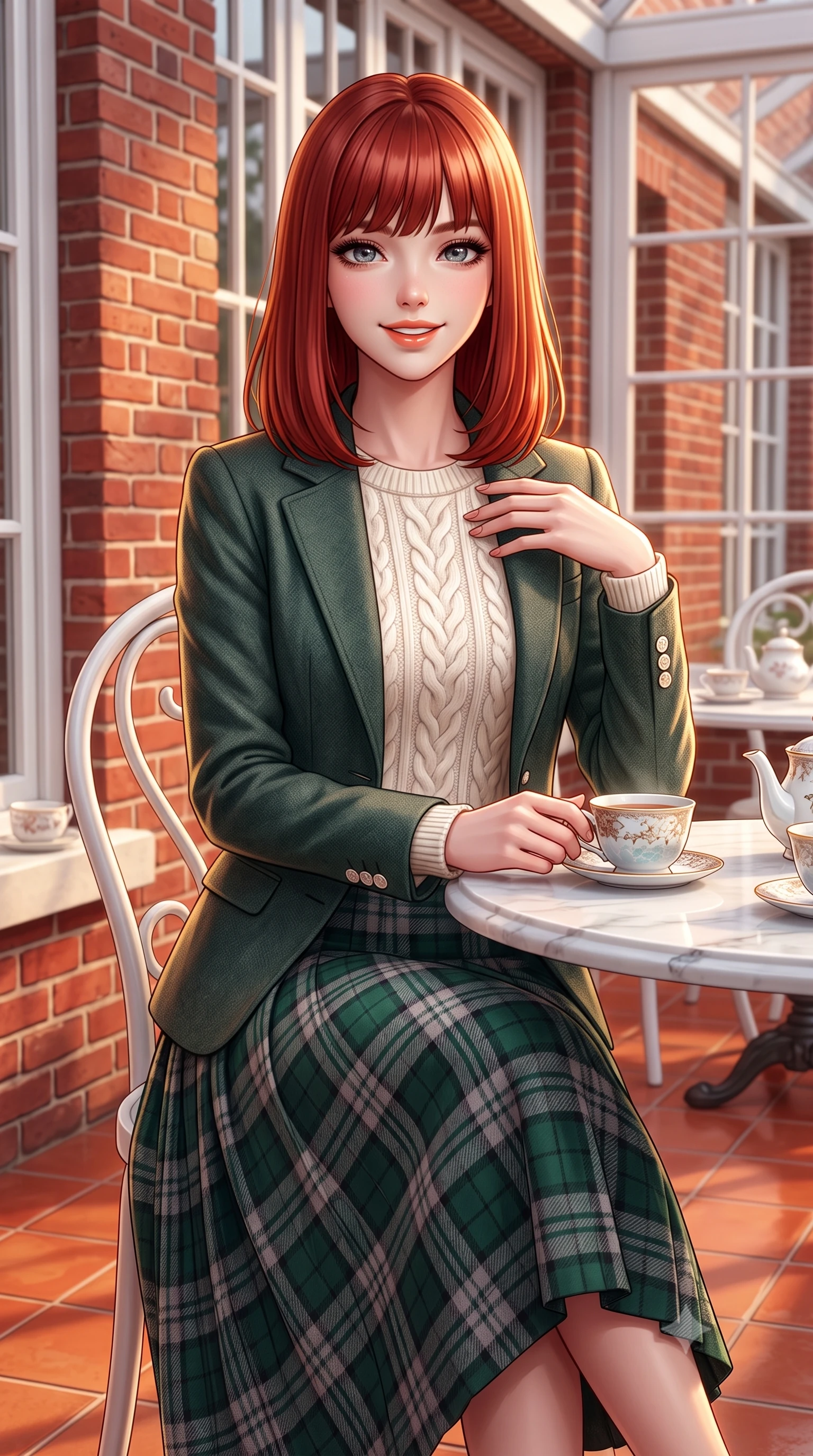 score_9, masterpiece, best quality, ultra-detailed, high-budget anime keyframe, semi-realistic 3D game render, editorial fashion photography, tasteful artistic composition, Caucasian woman. close-up cowboy shot from the waist and thighs up, the character dominates the composition, filling the frame with her large presence. resting one hand gracefully on her tailored blazer lapel while looking into the camera with bright, sparkling eyes while sitting poised at a white marble conservatory tea table with hands resting gently on a porcelain cup, exuding high-society grace. The surrounding environment is rendered in vivid detail and crisp panoramic clarity: sharp red-brick masonry relief, delicate white painted window mullions, and fine porcelain teacup glaze in deep focus. She has an exceptionally elegant, slender, and willowy female figure with an ultra-slim waist, flat toned midriff, narrow ribcage, and sculpted feminine hips creating an alluring, slim hourglass silhouette without bulk. sharp v-shaped jawline, high-bridge nose, intricate jewel-like sparkling eyes with depth, thick eyelashes, glossy parted lips with a natural peach sheen, bright cheerful beaming smile with an enchanting and coquettish sensual glint, exuding both youthful cute charm and seductive allure, flawlessly proportioned anatomical accuracy, strict slender model proportions, natural body alignment, perfectly sculpted long slender limbs, ultra-slim waistline, clean dynamic posture without body distortion. wearing an ivory cable-knit fisherman sweater paired with a pleated wool tartan midi skirt and a crisp collared poplin shirt in St. Moritz pine forest emerald and heather grey, made of luxurious brushed wool flannel with rich textural depth and clean structure, finished with fine mother-of-pearl cuff buttons catching the soft ambient light, the precision-cut high-waisted tailoring accentuating her ultra-slim waist and long slender leg line with immaculate aristocratic poise. illuminated by terracotta floor reflection fill and warm golden rim lights defining her delicate collar and willowy silhouette. highly saturated vibrant anime colors, detailed shading with soft gradients, rich glossy textures, high-contrast stereoscopic depth, volumetric dynamic lighting, master piece, 9:16 ratio