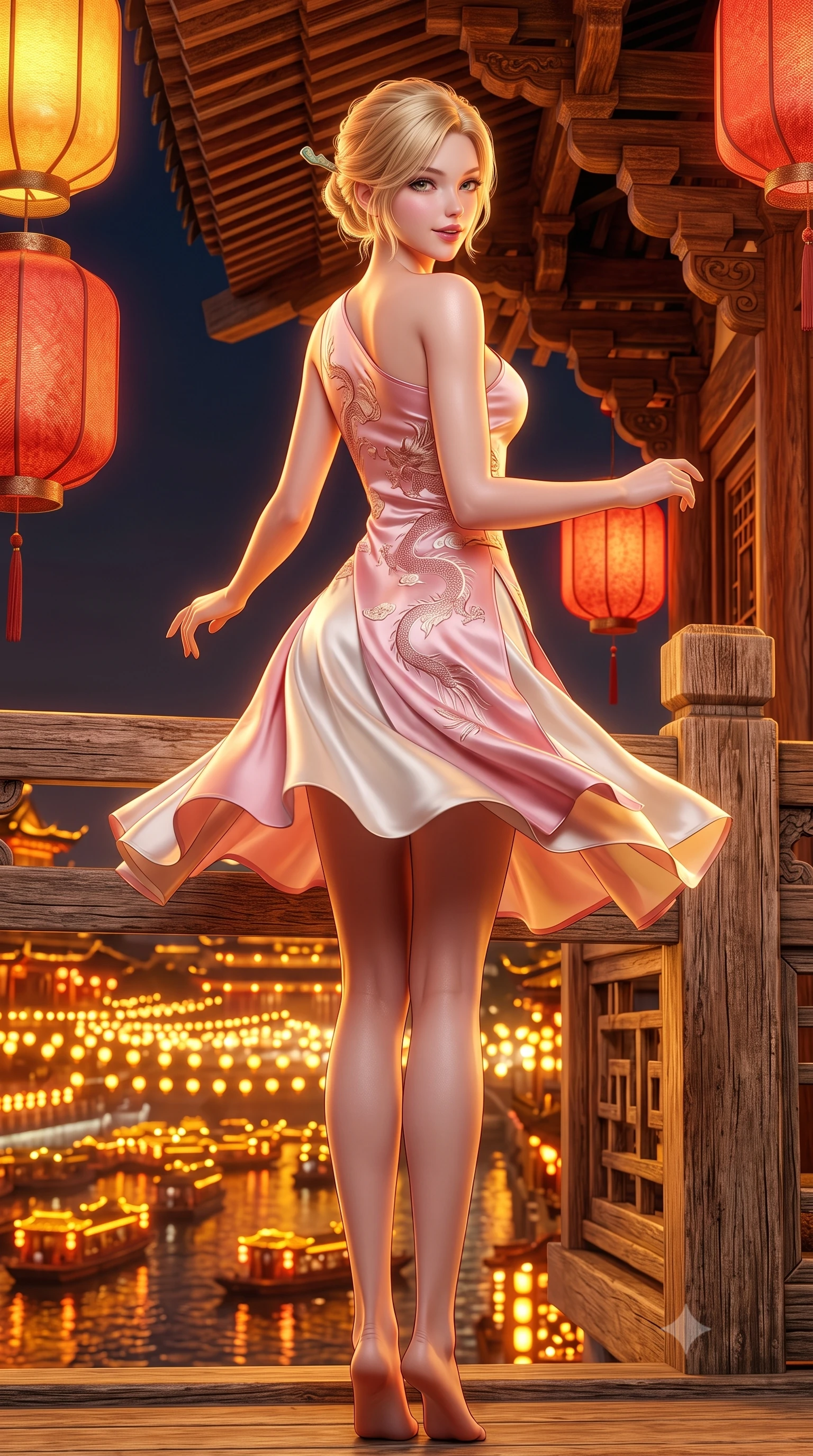 score_9, masterpiece, best quality, ultra-detailed, high-budget anime keyframe, semi-realistic 3D game render, editorial fashion photography, tasteful artistic composition, Caucasian woman. low angle full-body shot from head to toe showing her feet, filling the entire 9:16 vertical frame with her statuesque presence, stretching her vertical silhouette. executing a graceful dancer pivot turn as her layered silk chima skirt flutters around her slender legs, glancing over her shoulder with an intoxicating bedroom-gaze while twisting her slender torso in an alluring S-curve, thousands of warm golden lights reflecting off the Yangtze River below her curves. The surrounding environment is rendered in vivid detail and crisp panoramic clarity: sharp carved timber bracket joinery, red lantern silk texture, and weathered wooden balustrade grain in deep focus. She has an absolutely perfect, statuesque 8.5-heads proportion, an exceptionally tall and slender model-like female figure with impossibly long slender legs, an ultra-slim waist, a flat toned midriff, narrow delicate ribcage, and beautifully sculpted feminine hips creating a graceful, slim hourglass silhouette without any bulky heaviness. sharp v-shaped jawline, high-bridge nose, intricate jewel-like dark sparkling almond eyes with depth, thick lashes, glossy parted lips with a natural rose-plum sheen, bright alluring and coquettish smile with bedroom-eyes, exuding both timeless oriental elegance and sovereign high-fashion allure, flawlessly proportioned anatomical accuracy, strict slender model proportions, natural body alignment, perfectly sculpted long slender limbs, ultra-slim waistline, clean dynamic posture without body distortion. wearing an asymmetric one-shoulder dragon-embroidered silk mini dress hugging her narrow waist and rounded feminine hips in soft cherry blossom pink and pearlescent ivory, crafted from heavy fluid silk satin with a liquid mirror-like sheen, featuring a modern sculptural jade hair pin securing her loose silky updo, the precision-cut side hip slits and low-back scoop framing her graceful spine and the sensual sweep of her slim, toned hips. bathed in intense blazing golden and amber lantern illumination echoing from hundreds of eaves. highly saturated vibrant anime colors, detailed shading with soft gradients, rich glossy textures, high-contrast stereoscopic depth, volumetric dynamic lighting, master piece, 9:16 ratio