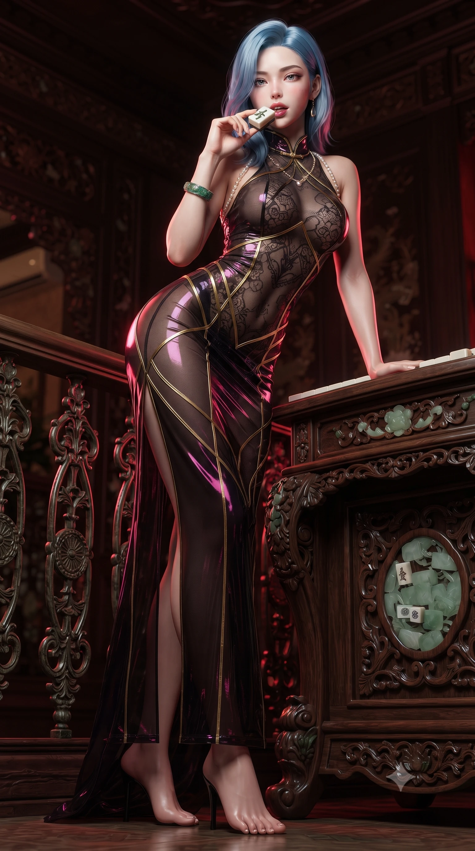 score_9, masterpiece, best quality, ultra-detailed, high-budget anime keyframe, editorial fashion photography, tasteful artistic composition, Korean woman. low angle full-body shot from head to toe showing her feet, filling the entire 9:16 vertical frame with her statuesque presence, stretching her vertical silhouette. leaning deep against the balcony balustrade with hips cocked back in an unapologetically alluring high-fashion stance, casting an intoxicating glance while standing poised behind an ornate antique counter, holding an ornate ivory tile near her glossy parted lips with playful allure. The surrounding environment is rendered in vivid detail and crisp panoramic clarity: detailed sheer cheongsam-inspired lace bodysuit weave, jade bracelet shine, and antique parlor craftsmanship in razor-sharp precision. She has an absolutely perfect, statuesque 8.5-heads proportion, an exceptionally tall and slender model-like female figure with impossibly long slender legs, an ultra-slim waist, a flat toned midriff, narrow delicate ribcage, and beautifully sculpted feminine hips creating a graceful, slim hourglass silhouette without any bulky heaviness. sharp v-shaped jawline, high-bridge nose, sparkling eyes with hypnotic seductive depth, thick curled eyelashes, glossy parted lips with a natural dewy peach sheen, alluring bedroom-eyes with an enchanting coquettish smile, exuding magnetic siren charisma and sophisticated glamour, flawlessly proportioned anatomical accuracy, strict slender model proportions, natural body alignment, perfectly sculpted long slender limbs, ultra-slim waistline, clean dynamic posture without body distortion. wearing a provocative sheer illusion mesh gown with liquid gold ribbons contouring her flat midriff and curvaceous hips in wet-look onyx black with electric magenta reflections, woven from buttery-soft stretch lambskin leather adhering to her body like a second skin, finished with a pearl-drop body harness subtly framing her dewy collarbones and spine, the glove-like clinging cut tightly following the natural contour of her hips and long slender legs with youthful 8.5-heads elegance. illuminated by polished table bounce and sharp deep-red rim lights sculpting her jawline, flat midriff, and curvy hips. ultra-reflective glossy finish, specular highlights, rich textural contrasts, high-contrast stereoscopic depth, volumetric dynamic lighting, 2k, ultra detail, master piece, 9:16 ratio