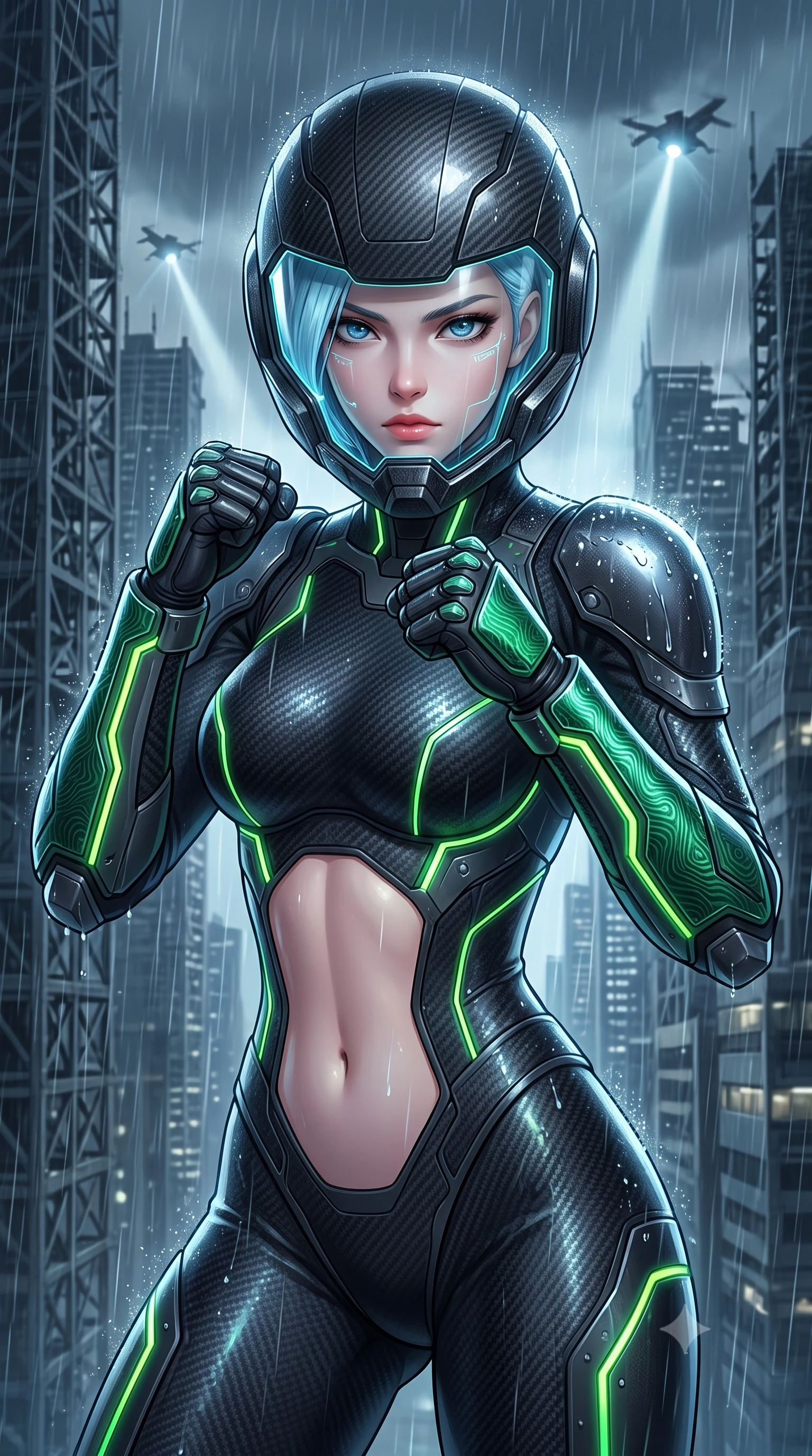 score_9, masterpiece, best quality, ultra-detailed, high-budget anime keyframe, semi-realistic 3D game render, editorial fashion photography, tasteful artistic composition, Korean woman. close-up cowboy shot from the waist and thighs up, the character dominates the composition, filling the frame with her large presence. in a razor-sharp Panzer Kunst fighting guard with raised fists, captivating jewel-like eyes locked onto the viewer with fierce, resolute determination while arching her spine in a fluid combat stance with fists raised as cold rain streams down her sleek armored shoulder pauldrons. The surrounding environment is rendered in vivid detail and crisp panoramic clarity. detailed skyscraper skeleton lattices, distant war-drone searchlights, and rain droplet beads in high clarity. She has an exceptionally elegant, slender, and willowy female figure with an ultra-slim waist, a gracefully sculpted slender torso, toned flat midriff, and a refined slim silhouette. sharp v-shaped jawline, high-bridge nose, intricate jewel-like eyes with depth, thick eyelashes, glossy lips with a natural sheen, fierce and resolute heroine expression, flawlessly proportioned anatomical accuracy, strict slender model proportions, natural body alignment, perfectly sculpted long slender limbs, ultra-slim waistline, clean dynamic posture without body distortion. wearing an open-face aerodynamic carbon-fiber combat helmet with a retracted transparent holographic HUD visor framing her sharp jawline and jewel-like eyes, paired with a skin-tight dark carbon-weave combat bodysuit with glowing neon energy conduits and reinforced Damascus-pattern forearm strike guards in toxic emerald green carbon composite with glowing lime warning channels, formed from high-gloss patent carbon-plating with specular dystopian chiaroscuro reflections, finished with high-mobility flexible armor articulation seams and miniature magnetic locks, the precision-cut daring openings accentuating her delicate midriff, graceful bare collarbones, and ultra-slim feminine waistline. illuminated by crisp white key lighting with sharp specular highlights tracing her sculpted armor and slender curves. rich saturated anime colors with glowing neon highlights, detailed shading with soft gradients, rich glossy textures, high-contrast stereoscopic depth, volumetric dynamic lighting, master piece, 9:16 ratio