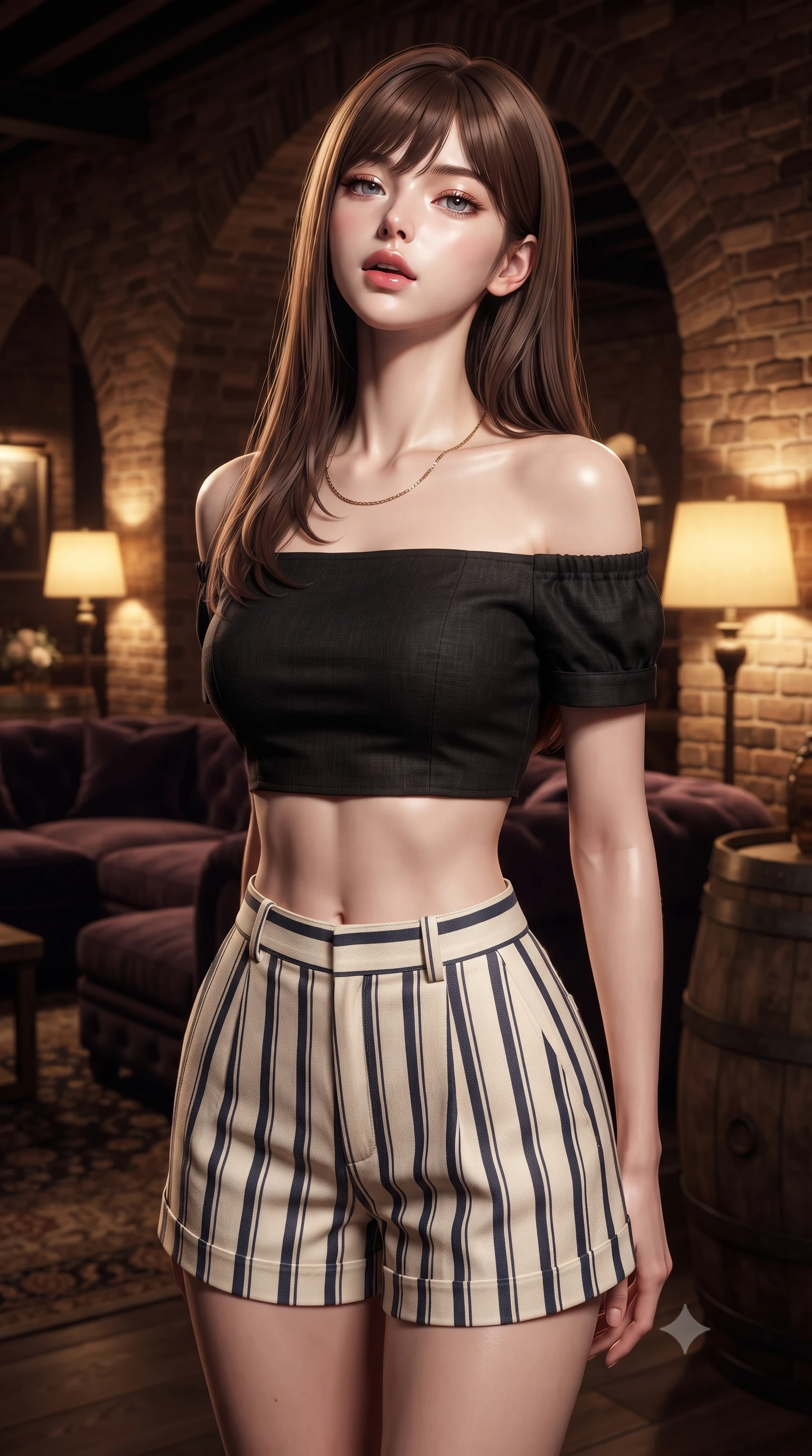 score_9, masterpiece, best quality, ultra-detailed, high-budget anime keyframe, editorial fashion photography, tasteful artistic composition, Korean woman woman. close-up cowboy shot from the waist and thighs up, the character dominates the composition, filling the frame with her large presence, background elements kept in soft focus. tilting her chin up slightly with lips parted in a composed, provocative expression the background shows a soft-focus a brick-walled lounge with dark velvet sofas, oak barrels, and dim lighting. She has an exceptionally elegant, slender, and willowy female figure with an ultra-slim waist, a gracefully sculpted slender torso, and a refined silhouette. sharp v-shaped jawline, high-bridge nose, intricate jewel-like eyes with depth, thick eyelashes, glossy lips with a natural sheen. wearing a tailored chic off-shoulder crop top in black linen, paired with high-waisted striped resort shorts. warm yellow lamplight casting cozy, soft shadows on the brick arches. ultra-reflective glossy finish, specular highlights, metallic sheen, high-contrast stereoscopic depth, volumetric dynamic lighting, 2k, ultra detail, master piece, 9:16 ratio