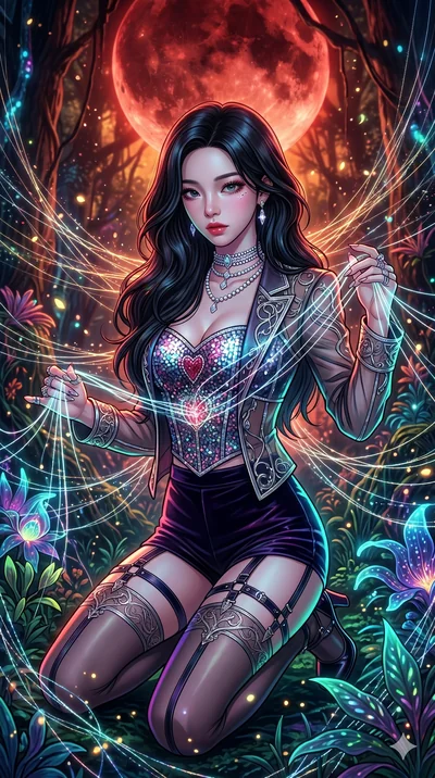 score_9, masterpiece, best quality, ultra-detailed, high-budget anime movie keyframe, cinematic anime lighting, intricate line art, Korean woman. Medium shot of upper body capturing the intricate details of her high-fashion attire. weaving threads of