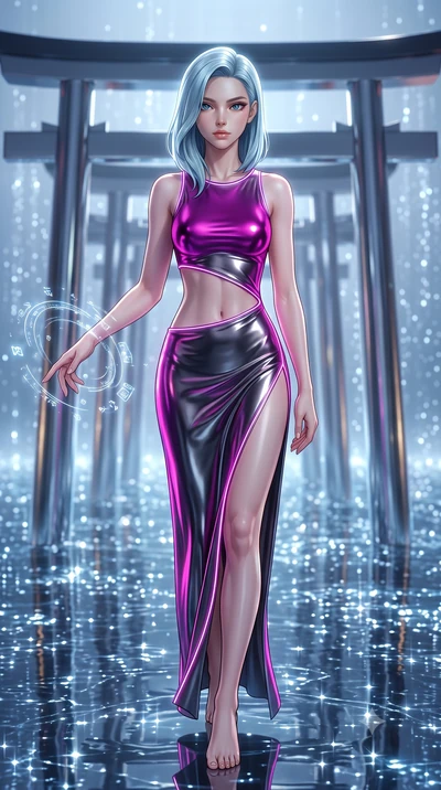 score_9, masterpiece, best quality, ultra-detailed, high-budget anime keyframe, editorial fashion photography, tasteful artistic composition, Korean woman. close-up cowboy shot from the waist and thighs up, the character dominates the composition, fi