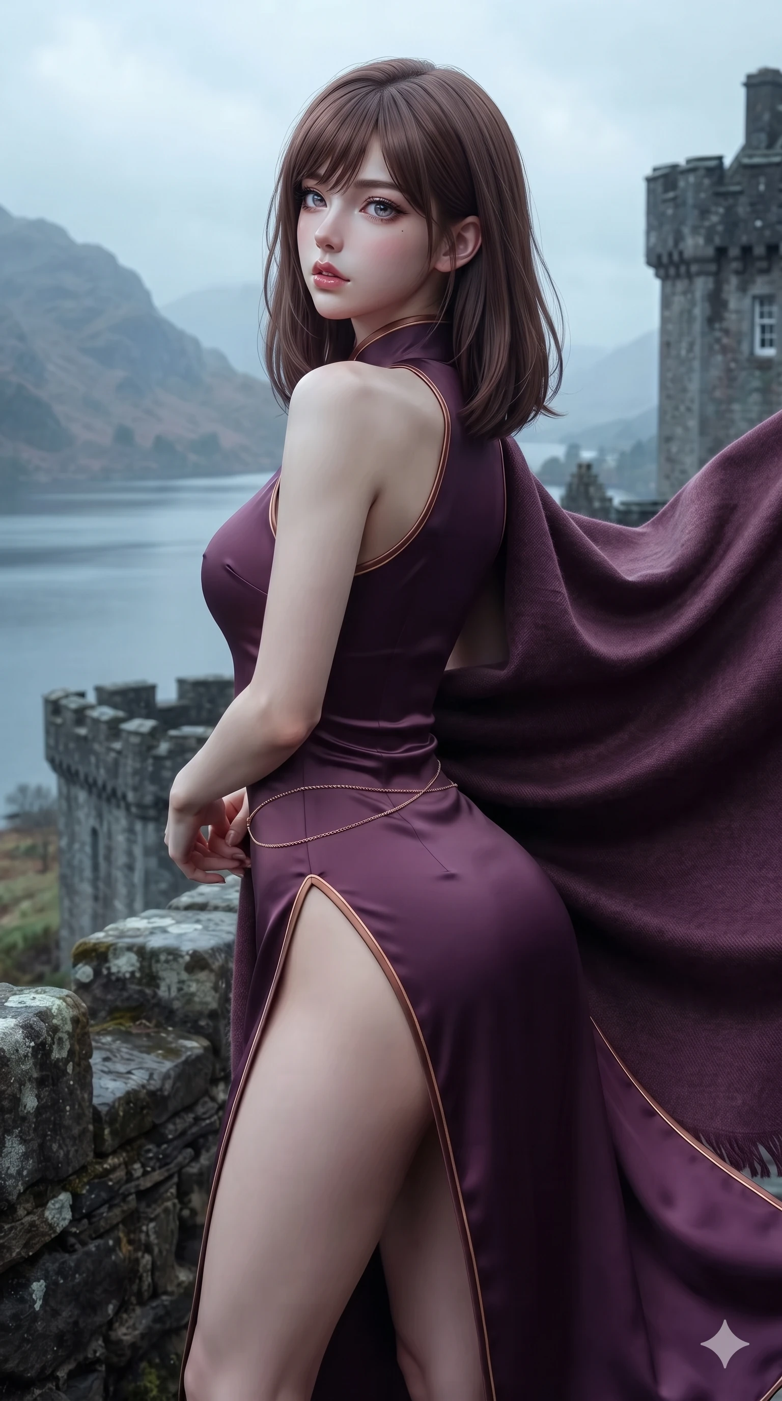 score_9, masterpiece, best quality, ultra-detailed, high-budget anime keyframe, editorial fashion photography, tasteful artistic composition, Korean woman. close-up cowboy shot from the waist and thighs up, the character dominates the composition, filling the frame with her large presence. posing in an alluring rear three-quarter angle, looking over a bare shoulder with parted glossy lips, her hips cocked back to highlight her slim hourglass curve while turning in an alluring contrapposto stance as her sweeping heavy fabric catches the highland breeze, gazing out over the vast loch with sovereign allure. The surrounding environment is rendered in vivid detail and crisp panoramic clarity: detailed bespoke double-faced cashmere tailoring, rich textural contrasts, and monumental fortress architecture in razor-sharp precision. She has an exceptionally elegant, slender, and willowy female figure with an ultra-slim waist, flat toned midriff, narrow ribcage, and sculpted feminine hips creating an alluring, slim hourglass silhouette without bulk. sharp v-shaped jawline, high-bridge nose, intricate jewel-like eyes with depth, thick eyelashes, glossy parted lips with a natural sheen, intensely captivating and seductive bedroom-eyes expression, flawlessly proportioned anatomical accuracy, strict slender model proportions, natural body alignment, perfectly sculpted long slender limbs, ultra-slim waistline, clean dynamic posture without body distortion. wearing a modernized cyber-qipao mini dress with an ultra-high side slit ascending to the hip and glowing piping in deep plum violet and antique bronze, tailored from liquid silk jersey adhering flawlessly to her slender build, accented with a dainty gold belly chain resting across her flat midriff and curving hips, the liquid-tight tailored fabric clinging flawlessly to her narrow waist and rounded feminine hips, emphasizing every millimeter of her sculpted slim hourglass curves without any bulky heaviness. illuminated by cool misty ambient loch light softly contouring her razor-sharp jawline, narrow waist, and curvy hips. ultra-reflective glossy finish, specular highlights, rich textural contrasts, high-contrast stereoscopic depth, volumetric dynamic lighting, 2k, ultra detail, master piece, 9:16 ratio