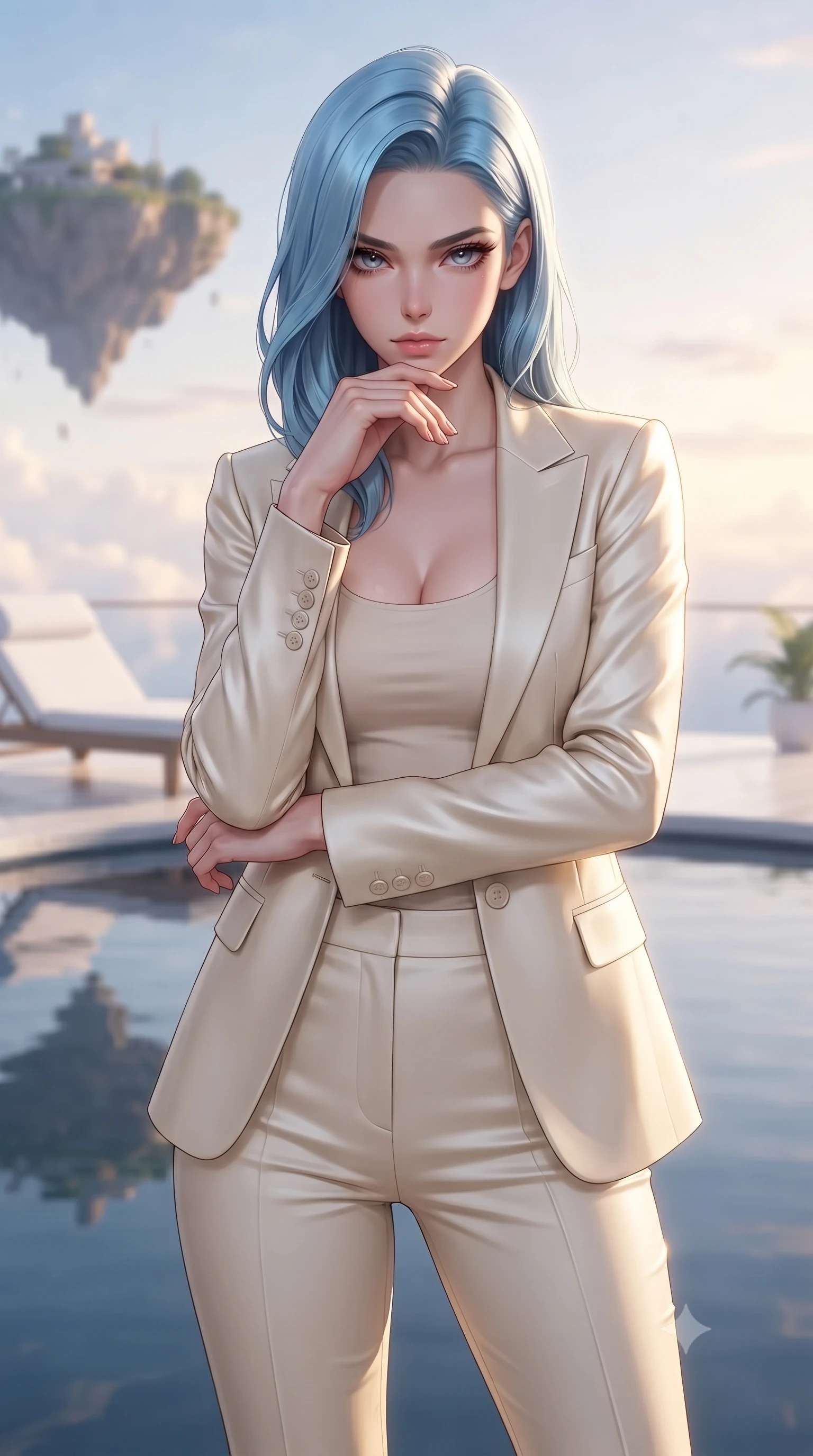 score_9, masterpiece, best quality, ultra-detailed, high-budget anime keyframe, editorial fashion photography, tasteful artistic composition, Korean woman. close-up cowboy shot from the waist and thighs up, the character dominates the composition, filling the frame with her large presence, background elements kept in soft focus. Resting her chin on the backs of her fingers, casting a sharp, mysterious gaze resting on a luxurious white lounge chair overlooking a floating sky island, still pool waters reflecting her slender silhouette and the open sky. She has an exceptionally elegant, slender, and willowy female figure with an ultra-slim waist, a gracefully sculpted slender torso, and a refined silhouette. sharp v-shaped jawline, high-bridge nose, intricate jewel-like eyes with depth, thick eyelashes, glossy lips with a natural sheen. wearing a tailored cream silk blazer over a form-contouring scoop-neck top and fitted trousers, the sleek second-skin texture accentuating her magnetic presence. illuminated by soft glowing sunset radiance with dramatic golden rim highlights. ultra-reflective glossy finish, specular highlights, metallic sheen, high-contrast stereoscopic depth, volumetric dynamic lighting, 2k, ultra detail, master piece, 9:16 ratio