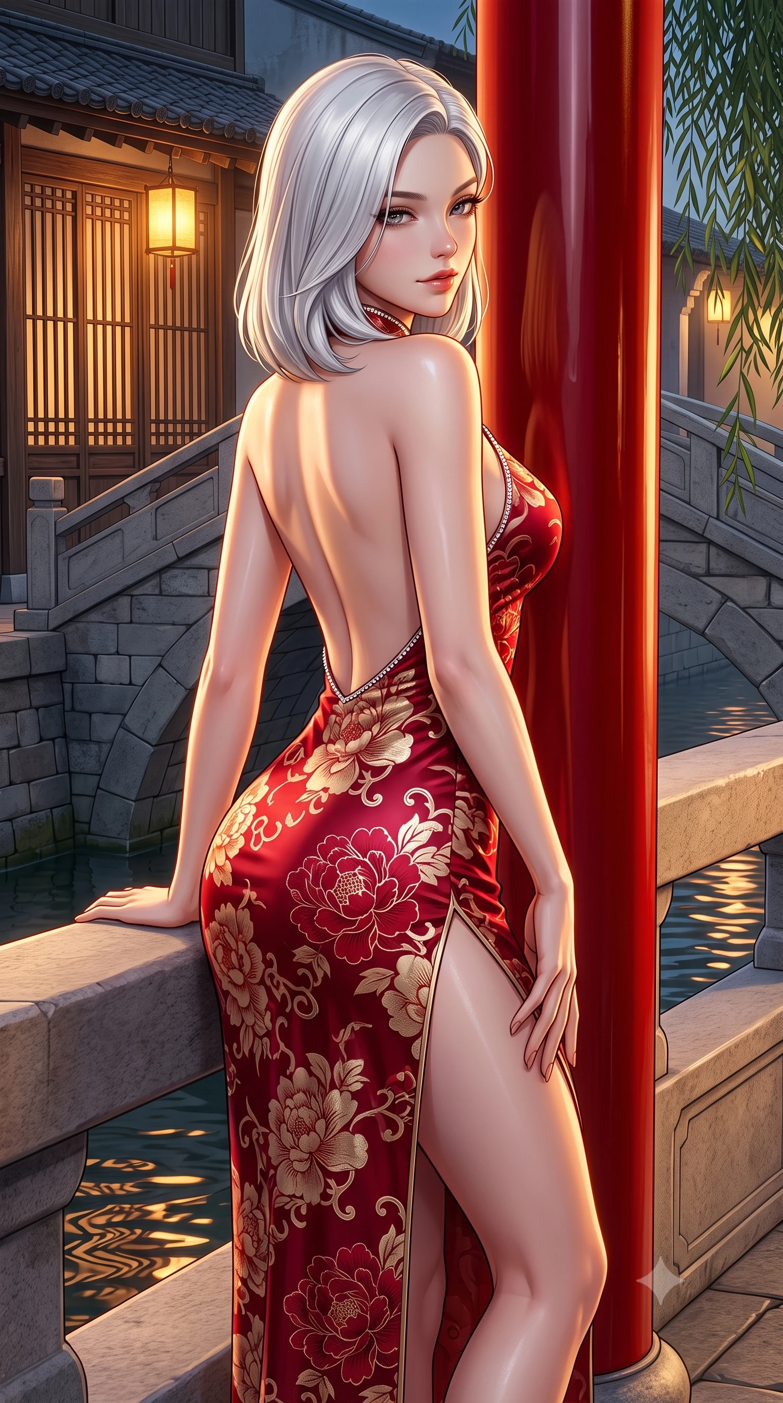 score_9, masterpiece, best quality, ultra-detailed, high-budget anime keyframe, semi-realistic 3D game render, editorial fashion photography, tasteful artistic composition, Korean woman. close-up cowboy shot from the waist and thighs up, the character dominates the composition, filling the frame with her large presence. leaning back against the red lacquer pillar with relaxed seductive grace, her flat midriff and narrow waist highlighted as warm lantern light traces her curves while leaning against the smooth stone bridge parapet with hips cocked back, looking over a bare shoulder with an intoxicating, smoldering half-smile. The surrounding environment is rendered in vivid detail and crisp panoramic clarity: sharp stone bridge masonry, weathered machiya cedar lattice, and delicate willow leaf venation in deep focus. She has an exceptionally elegant, slender, and willowy female figure with an ultra-slim waist, flat toned midriff, narrow ribcage, and sculpted feminine hips creating an alluring, slim hourglass silhouette without bulk. sharp v-shaped jawline, high-bridge nose, intricate jewel-like dark sparkling almond eyes with depth, thick lashes, glossy parted lips with a natural rose-plum sheen, bright alluring and coquettish smile with bedroom-eyes, exuding both timeless oriental elegance and sovereign high-fashion allure, flawlessly proportioned anatomical accuracy, strict slender model proportions, natural body alignment, perfectly sculpted long slender limbs, ultra-slim waistline, clean dynamic posture without body distortion. wearing a backless crimson silk slip dress with oriental peony jacquard and a side hip slit ascending to the high waist in royal crimson red and lustrous champagne gold, made of sheer technical micro-mesh with contouring shadow effects, finished with subtle crystal rhinestones tracing the elegant neckline, the form-fitting tailored bodice adhering flawlessly to her sculpted flat midriff and slender torso, emphasizing her long leg lines and perfectly proportioned willowy build. illuminated by rippling canal water reflections and sharp amber rim lighting sculpting her razor-sharp jawline, narrow waist, and curvy hips. highly saturated vibrant anime colors, detailed shading with soft gradients, rich glossy textures, high-contrast stereoscopic depth, volumetric dynamic lighting, master piece, 9:16 ratio