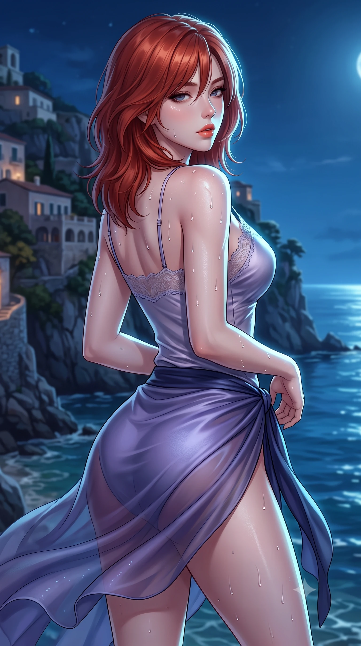 score_9, masterpiece, best quality, ultra-detailed, high-budget anime keyframe, semi-realistic 3D game render, editorial fashion photography, tasteful artistic composition, Korean woman. close-up cowboy shot from the waist and thighs up, the character dominates the composition, filling the frame with her large presence. posing in an alluring rear three-quarter angle, looking over a bare shoulder with parted glossy lips, her hips cocked back to highlight her slim hourglass curve while twisting her slender torso in an alluring S-curve as coastal midnight breezes flutter her sheer sarong around her long slender legs and curvy hips. The surrounding environment is rendered in vivid detail and crisp panoramic clarity: detailed wet fabric weave, glistening water drops on skin, and cliffside architecture in high resolution. She has an exceptionally elegant, slender, and willowy female figure with an ultra-slim waist, flat toned midriff, narrow ribcage, and sculpted feminine hips creating an alluring, slim hourglass silhouette without bulk. sharp v-shaped jawline, high-bridge nose, sparkling eyes with hypnotic seductive depth, thick curled eyelashes, glossy parted lips with a natural dewy peach sheen, alluring bedroom-eyes with an enchanting coquettish smile, exuding magnetic siren charisma and sophisticated high-fashion glamour, flawlessly proportioned anatomical accuracy, strict slender model proportions, natural body alignment, perfectly sculpted long slender limbs, ultra-slim waistline, clean dynamic posture without body distortion. wearing a delicate lace-trimmed silk camisole paired with a draped satin wrap sarong mini skirt in twilight lavender and midnight indigo, woven from buttery-soft stretch lambskin leather adhering to her body like a second skin, finished with glistening drops of pool water beading across her sculpted shoulders and collarbones, the glove-like clinging cut tightly following the natural contour of her hips and long slender legs with youthful 8.5-heads elegance. illuminated by aquatic caustic bounce and sharp platinum-cyan rim lights sculpting her jawline, narrow waist, and curvy hips. highly saturated vibrant anime colors, detailed shading with soft gradients, rich glossy textures, high-contrast stereoscopic depth, volumetric dynamic lighting, master piece, 9:16 ratio