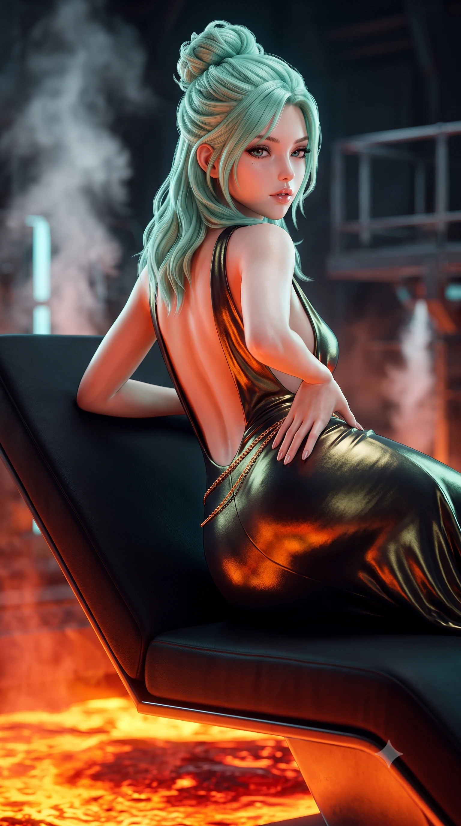 score_9, masterpiece, best quality, ultra-detailed, high-budget anime keyframe, semi-realistic 3D game render, editorial fashion photography, tasteful artistic composition, Japanese woman. close-up cowboy shot from the waist and thighs up, the character dominates the composition, filling the frame with her large presence. resting one manicured hand delicately on her hip bone, her upper body turning in a fluid, seductive S-curve while parted lips glisten in the light while reclining across a cantilevered black obsidian daybed propped on one elbow, her slender waist and feminine hips illuminated by orange geothermal light. The composition keeps background elements in soft focus with creamy bokeh. cryogenic cooling steam plumes and titanium observation gantries softened in dramatic sci-fi shallow focus. She has an exceptionally elegant, slender, and willowy female figure with an ultra-slim waist, flat toned midriff, narrow ribcage, and sculpted feminine hips creating an alluring, slim hourglass silhouette without bulk. sharp v-shaped jawline, high-bridge nose, intricate jewel-like eyes with depth, thick eyelashes, glossy parted lips with a natural sheen, intensely captivating and seductive bedroom-eyes expression, flawlessly proportioned anatomical accuracy, strict slender model proportions, natural body alignment, perfectly sculpted long slender limbs, ultra-slim waistline, clean dynamic posture without body distortion. wearing a liquid-silk jersey evening gown with an ultra-deep plunging open back descending to the base of her spine and a sculpted hip-hugging skirt in midnight obsidian black and liquid gold, crafted from luxurious metallic lamé that shifts radiance with every step, accented with a delicate gold chain belt resting loosely on her curvy hips, the liquid-tight tailored fabric clinging flawlessly to her narrow waist and rounded feminine hips, emphasizing every millimeter of her sculpted slim hourglass curves without any bulky heaviness. bathed in intense, warm fiery amber and crimson uplight from the lava pool contrasting with cool cyan interior spot fills. highly saturated vibrant anime colors, detailed shading with soft gradients, rich glossy textures, high-contrast stereoscopic depth, volumetric dynamic lighting, master piece, 9:16 ratio