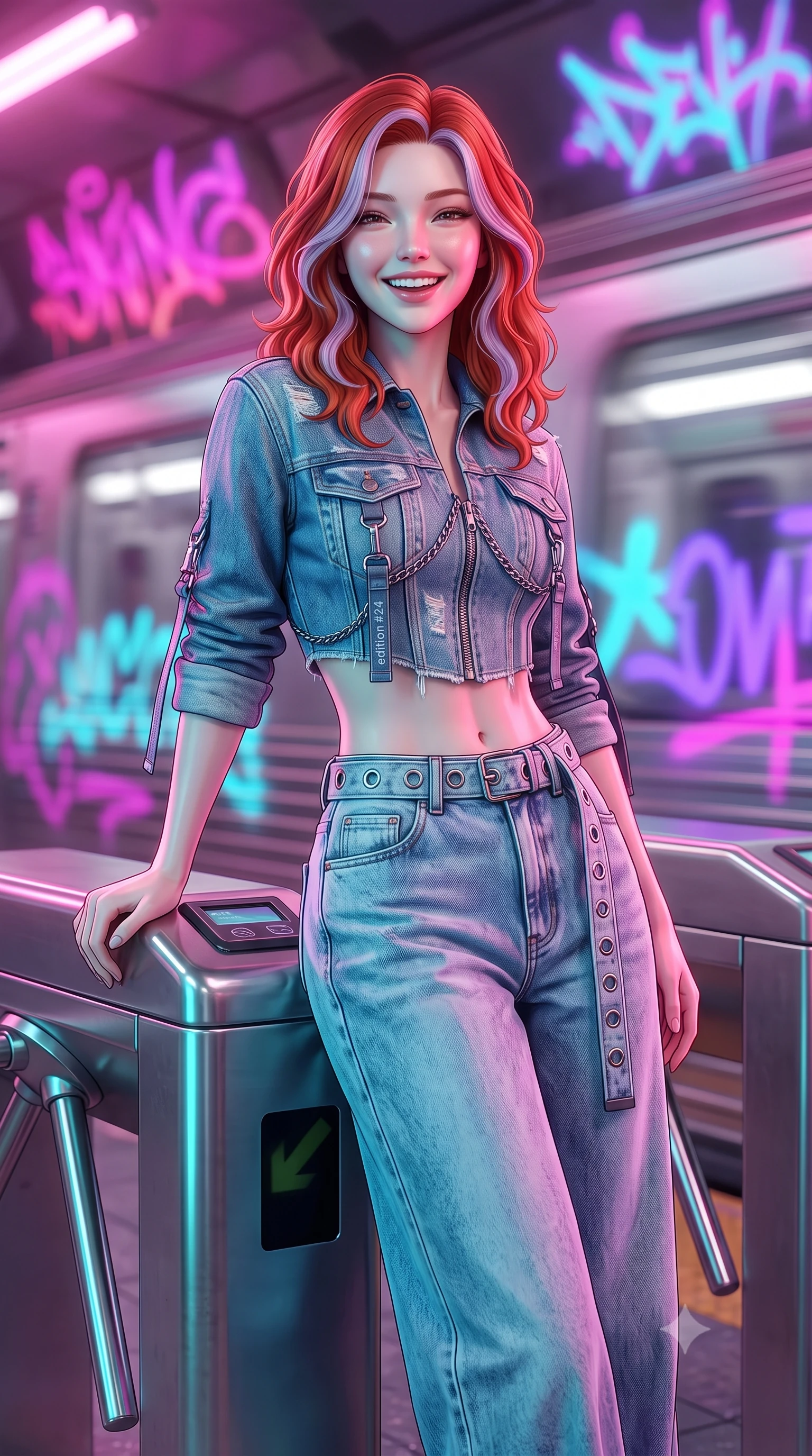 score_9, masterpiece, best quality, ultra-detailed, high-budget anime keyframe, semi-realistic 3D game render, editorial fashion photography, tasteful artistic composition, Caucasian woman. close-up cowboy shot from the waist and thighs up, the character dominates the composition, filling the frame with her large presence. laughing softly with genuine, enchanting warmth, eyes crinkling sweetly as specular highlights illuminate her cheeks while leaning against a retro-futuristic metallic subway turnstile with a fierce, rebellious streetwear smirk. The composition keeps background elements in soft focus with creamy bokeh. speeding maglev train motion blur and glowing neon graffiti tags blurred into vivid magenta, cyan, and violet bokeh. She has an exceptionally elegant, slender, and willowy female figure with an ultra-slim waist, a gracefully sculpted slender torso, toned flat midriff, and a refined slim silhouette. sharp v-shaped jawline, high-bridge nose, intricate jewel-like eyes with depth, thick eyelashes, glossy lips with a natural sheen, captivating and magnetic expression, flawlessly proportioned anatomical accuracy, strict slender model proportions, natural body alignment, perfectly sculpted long slender limbs, ultra-slim waistline, clean dynamic posture without body distortion. wearing a deconstructed denim corseted crop jacket paired with high-waisted wide-leg utility jeans and a silver grommet belt in acid-wash light denim and dark chrome, tailored from distressed structured cotton denim with metallic thread, accented with hanging industrial clip straps and chrome chain links edition #24, the form-contouring material adhering flawlessly to her sculpted flat midriff and slender torso, emphasizing her long leg lines and perfectly proportioned willowy build. bathed in high-contrast dual lighting of neon pink floodlights and electric cyan underlights. highly saturated vibrant anime colors, detailed shading with soft gradients, rich glossy textures, high-contrast stereoscopic depth, volumetric dynamic lighting, master piece, 9:16 ratio