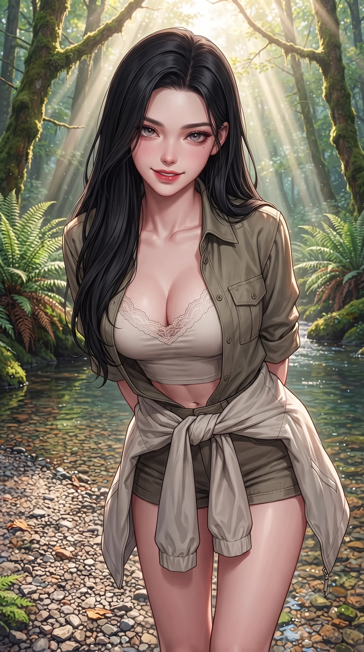 score_9, masterpiece, best quality, ultra-detailed, high-budget anime keyframe, editorial fashion photography, tasteful artistic composition, Korean woman. close-up cowboy shot from the waist and thighs up, the character dominates the composition, filling the frame with her large presence, background elements kept in soft focus. leaning slightly forward with a playful, sultry smile that holds direct, intense eye contact set against a soft-focus background of on a gravel bank of a forest stream surrounded by tall ferns and trees carrying a light windbreaker jacket tied around her waist. She has an exceptionally elegant, slender, and willowy female figure with an ultra-slim waist, a gracefully sculpted slender torso, and a refined silhouette. sharp v-shaped jawline, high-bridge nose, intricate jewel-like eyes with depth, thick eyelashes, glossy lips with a natural sheen. wearing slim-fit delicate lace-accented crop top under an open utility shirt, paired with micro-shorts. volumetric sunbeams creating beautiful light shafts through the tree branches. highly saturated vibrant anime colors, detailed shading with soft gradients, rich glossy textures, high-contrast stereoscopic depth, volumetric dynamic lighting, master piece, 9:16 ratio