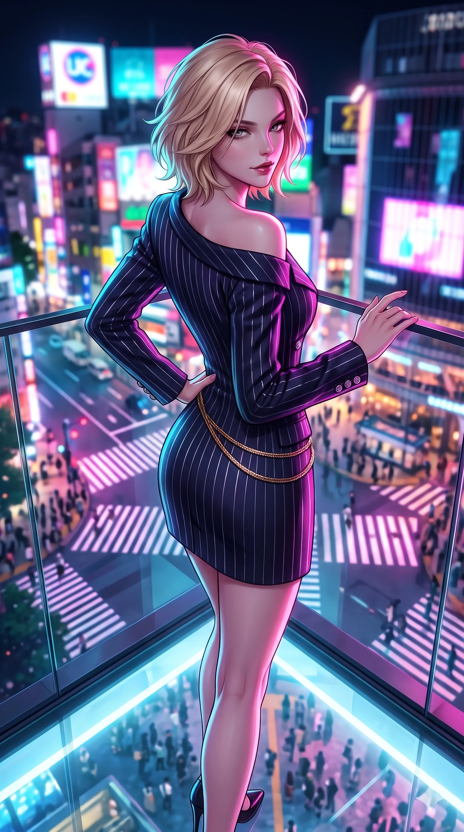 score_9, masterpiece, best quality, ultra-detailed, high-budget anime keyframe, semi-realistic 3D game render, editorial fashion photography, tasteful artistic composition, Caucasian woman. close-up cowboy shot from the waist and thighs up, the character dominates the composition, filling the frame with her large presence. posing in an alluring rear three-quarter angle, turning over a bare shoulder with an intoxicating, smoldering gaze, her hips cocked back to highlight her slim hourglass curve while standing poised on the cantilevered glass floor edge, looking down through transparent flooring at the glowing crossing hundreds of feet below with siren poise. The background shows a soft-focus the iconic Shibuya scramble crossing, giant LED video billboards, and dense sea of neon lights blurred into electric magenta, cyan, and amber bokeh. She has an exceptionally elegant, slender, and willowy female figure with an ultra-slim waist, flat toned midriff, narrow ribcage, and sculpted feminine hips creating an alluring, slim hourglass silhouette without bulk. sharp v-shaped jawline, high-bridge nose, intricate jewel-like dark sparkling eyes with dangerous depth, thick curled eyelashes, glossy parted lips with a rich wine sheen, smoldering seductive half-smile with bedroom-eyes, exuding effortless superiority and intoxicating dark allure, flawlessly proportioned anatomical accuracy, strict slender model proportions, natural body alignment, perfectly sculpted long slender limbs, ultra-slim waistline, clean dynamic posture without body distortion. wearing an aristocratic double-breasted midnight blazer dress with metallic pinstripes and crested buttons in royal amaranth purple and liquid platinum, tailored from fine lightweight midnight wool crepe with crisp architectural structure, finished with a delicate gold snake chain belt resting loosely across her curvy hips, the bespoke structured tailoring following the natural line of her 8.5-heads silhouette with refined elegance. illuminated by glass floor upward bounce and sharp magenta-cyan rim lights sculpting her razor-sharp jawline, narrow waist, and curvy hips. highly saturated vibrant anime colors, detailed shading with soft gradients, rich glossy textures, high-contrast stereoscopic depth, volumetric dynamic lighting, master piece, 9:16 ratio