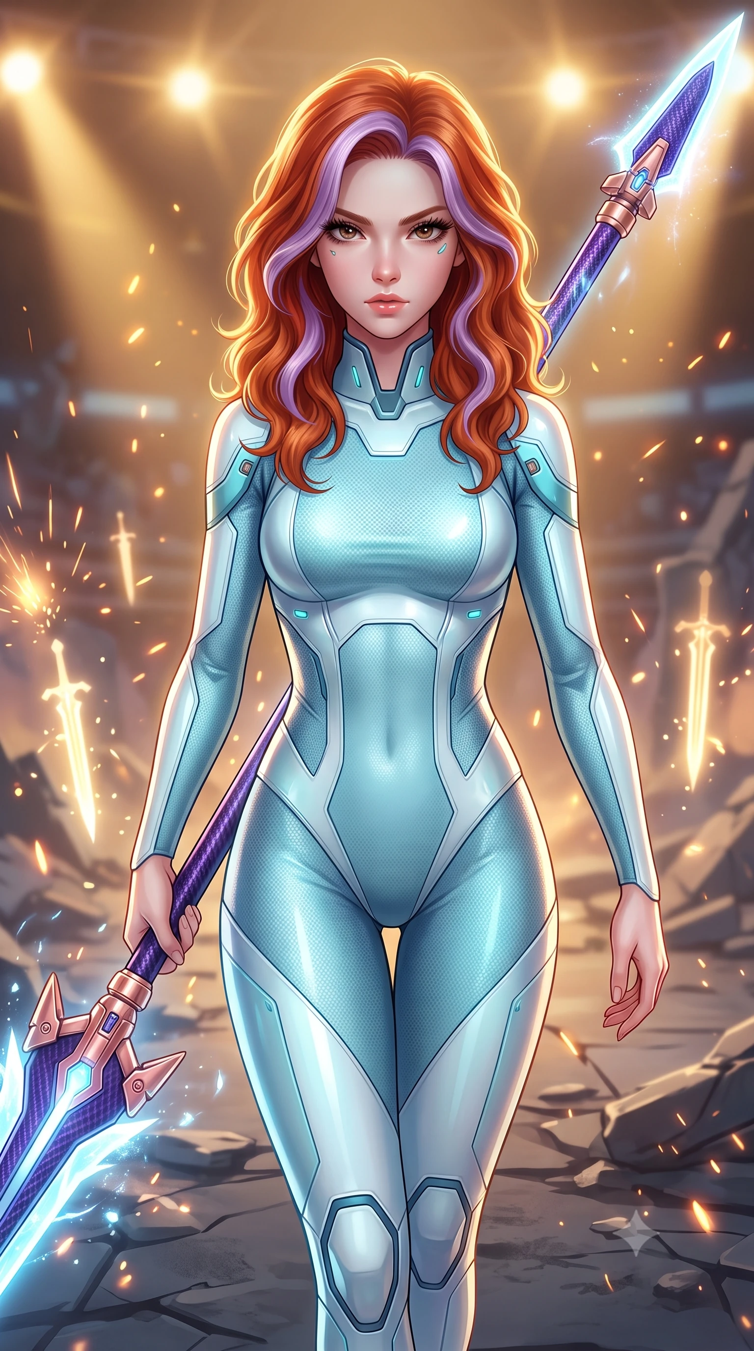 score_9, masterpiece, best quality, ultra-detailed, high-budget anime keyframe, semi-realistic 3D game render, editorial fashion photography, tasteful artistic composition, Caucasian woman. close-up cowboy shot from the waist and thighs up, the character dominates the composition, filling the frame with her large presence. looking into the camera lens with intense, captivating depth, softly parted glossy lips and thick eyelashes framing her fierce battle-ready gaze while striding forward across the ruined arena floor with greatsword held in one hand with effortless supermodel strength. The composition keeps background elements in soft focus with creamy bokeh. sparks and glowing sword glyphs scattering radiant light motes across a ruined futuristic backdrop. She has an exceptionally elegant, slender, and willowy female figure with an ultra-slim waist, a gracefully sculpted slender torso, toned flat midriff, and a refined slim silhouette. sharp v-shaped jawline, high-bridge nose, intricate jewel-like eyes with depth, thick eyelashes, glossy lips with a natural sheen, flawlessly proportioned anatomical accuracy, strict slender model proportions, natural body alignment, perfectly sculpted long slender limbs, ultra-slim waistline, clean dynamic posture without body distortion. wearing an ultra-sleek glacial-cyan and white carbon-mesh combat bodysuit with frost-resistant plating, holding a glowing high-frequency cryo-energy spear with commanding poise in royal purple carbon fiber with rose-gold hardware and clasps, made of lightweight aerodynamic carbon-titanium alloy with polished edge bevels, featuring a sleek aerodynamic collar framed by subtle glowing cybernetic status LEDs, the liquid-tight tailored fabric emphasizing every curve of her tall, slender model proportions and sculptured silhouette during dynamic movement. bathed in warm golden arena searchlights and glowing greatsword energy channel radiance. rich saturated anime colors with glowing neon highlights, detailed shading with soft gradients, rich glossy textures, high-contrast stereoscopic depth, volumetric dynamic lighting, master piece, 9:16 ratio
