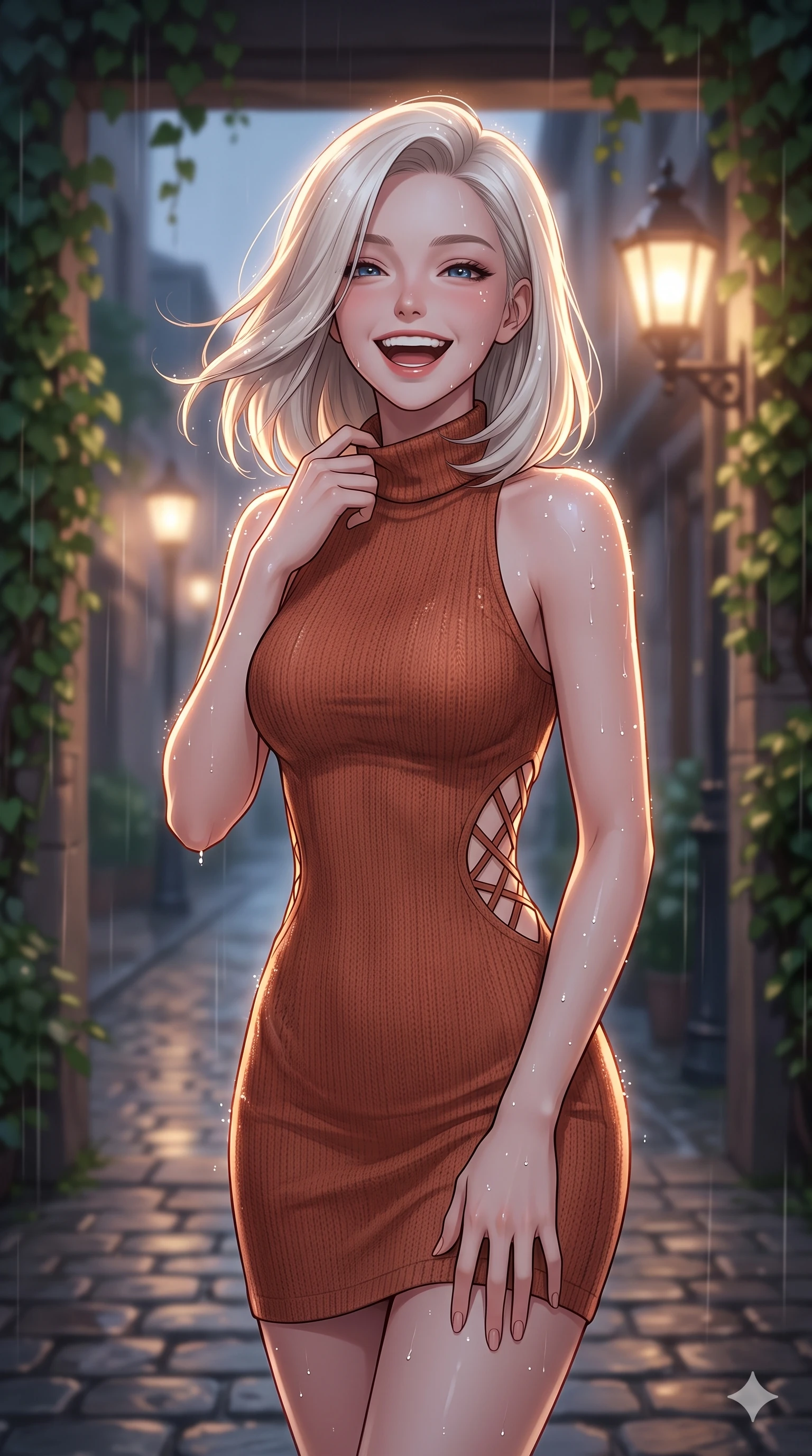 score_9, masterpiece, best quality, ultra-detailed, high-budget anime keyframe, vibrant anime aesthetic, Caucasian woman, strictly human ears. close-up cowboy shot from the waist and thighs up, the character dominates the composition, filling the frame with her large presence, background elements kept in soft focus. She is laughing cheerfully while adjusting her collar in the soft drizzle, with a warm and inviting look with a soft breath of wind in her hair. by a quiet alleyway entrance lined with lush green climbing vines and glowing streetlamps in the twilight rain (Code-P22-079). She has an absolutely perfect proportion, an exceptionally elegant and slender female figure with an ultra-slim waist. V-shaped jawline, high-bridge nose, intricate jewel-like eyes with depth, thick eyelashes, glossy lips with a natural sheen. wearing a bodycon knit dress with an elegant side panel cut-out in warm terracotta. She is lit by sparkling rain droplets reflecting the morning sun, creating a glowing halo, tracing the elegant lines of her shoulders along the cobblestone alley. 2k, ultra detail, master piece, 9:16 ratio