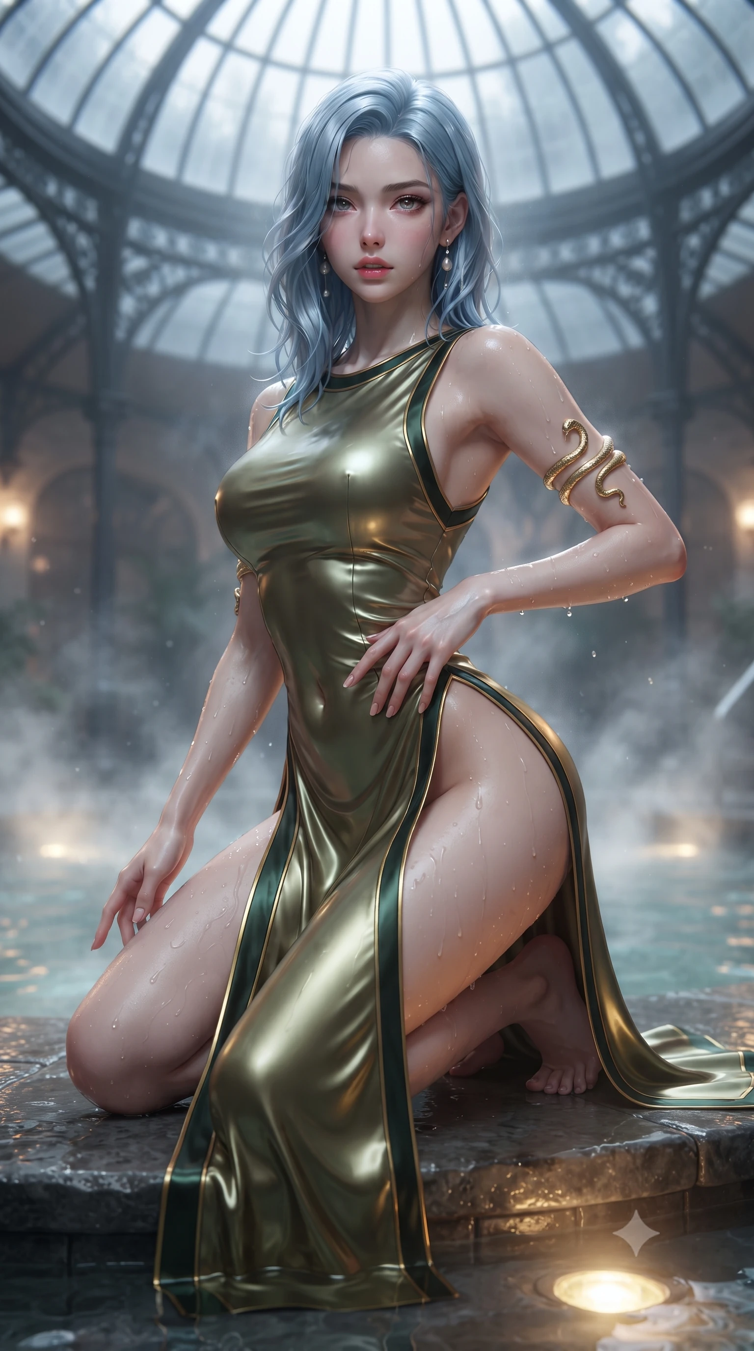 score_9, masterpiece, best quality, ultra-detailed, high-budget anime keyframe, editorial fashion photography, tasteful artistic composition, Korean woman. close-up cowboy shot from the waist and thighs up, the character dominates the composition, filling the frame with her large presence. resting one manicured hand delicately on her hip bone, her upper body turning in a fluid, seductive S-curve while parted lips glisten in the light while kneeling gracefully on a wet stone pool step with one hand on her hip, thermal steam rising to caress her feminine curves. The composition keeps background elements in soft focus with creamy bokeh. steaming pool water vapors and curved Victorian iron ribs softened in dreamy shallow focus. She has an exceptionally elegant, slender, and willowy female figure with an ultra-slim waist, a gracefully sculpted slender torso, toned flat midriff, and rounded feminine hips creating an alluring hourglass silhouette. sharp v-shaped jawline, high-bridge nose, intricate jewel-like eyes with depth, thick eyelashes, glossy parted lips with a natural sheen, intensely captivating and seductive bedroom-eyes expression, flawlessly proportioned anatomical accuracy, strict slender model proportions, natural body alignment, perfectly sculpted long slender limbs, ultra-slim waistline, clean dynamic posture without body distortion. wearing a liquid metallic olive gown with open side slits ascending to the high hip in dark forest green and liquid gold trim, tailored from smooth liquid silk satin adhering seamlessly to her wet skin, complemented by sculpted gold serpent armlets and pearl drop earrings, the glove-like aerodynamic silhouette tightly following the natural contour of her hips and long slender legs with statuesque precision. bathed in cool silver moonlight filtering through the glass dome and warm underwater pool uplights. ultra-reflective glossy finish, specular highlights, rich textural contrasts, high-contrast stereoscopic depth, volumetric dynamic lighting, 2k, ultra detail, master piece, 9:16 ratio