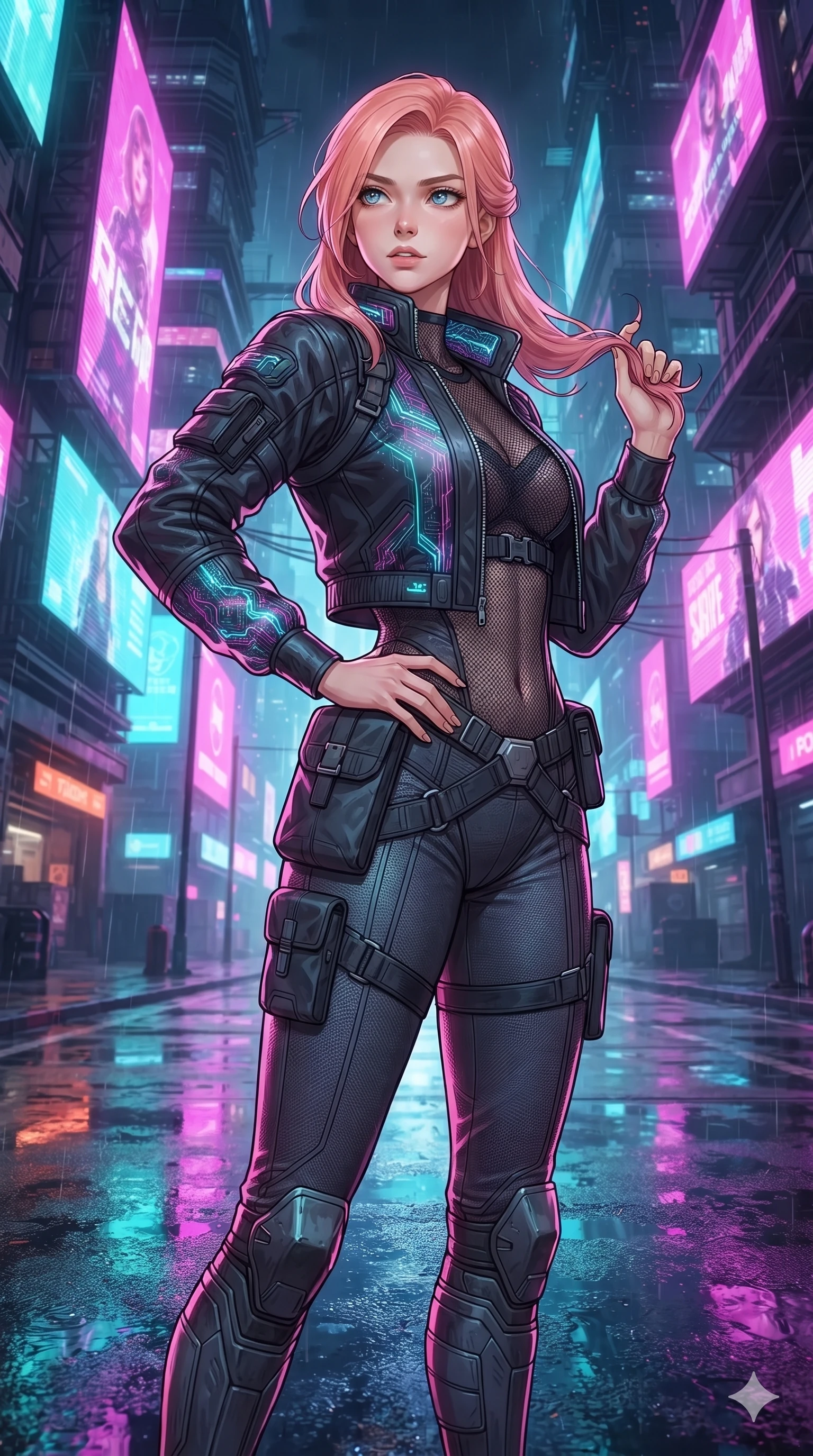 score_9, masterpiece, best quality, ultra-detailed, high-budget anime keyframe, editorial fashion photography, tasteful artistic composition, Japanese woman. close-up cowboy shot from the waist and thighs up, the character dominates the composition, filling the frame with her large presence. twisting her slender torso in an alluring contrapposto stance, one hand resting on her sculpted hip while her fingers toy with her hair with effortless poise while twisting her slender torso in an alluring contrapposto stance, towering magenta and cyan holographic billboards casting chromatic reflections across her narrow waist and hips. The background shows a soft-focus towering 3D holographic advertisements, neon-drenched sky-freeway tiers, and rain mist scattering magenta and cyan light blurred into fuchsia, turquoise, and amber bokeh. She has an exceptionally elegant, slender, and willowy female figure with an ultra-slim waist, flat toned midriff, narrow ribcage, and sculpted feminine hips creating an alluring, slim hourglass silhouette without bulk. sharp v-shaped jawline, high-bridge nose, intricate jewel-like sparkling eyes with depth, thick eyelashes, glossy parted lips with a natural peach sheen, bright cheerful beaming smile with an enchanting and coquettish sensual glint, exuding both youthful cute charm and seductive allure, flawlessly proportioned anatomical accuracy, strict slender model proportions, natural body alignment, perfectly sculpted long slender limbs, ultra-slim waistline, clean dynamic posture without body distortion. wearing an alluring backless sheer lace leotard with high-cut leg openings and delicate fiber-optic embroidery framing her spine in phosphorescent ultraviolet amethyst and mint green, crafted from stretch micro-mesh with liquid foil coating that shimmers with every movement, accented with an open-back drape framed by falling strands of delicate chrome chains, the bespoke structured tailoring following the natural line of her 8.5-heads silhouette with refined elegance. illuminated by wet asphalt reflection bounce and sharp laser-cyan rim lights sculpting her razor-sharp jawline, narrow waist, and curvy hips. ultra-reflective glossy finish, specular highlights, rich textural contrasts, high-contrast stereoscopic depth, volumetric dynamic lighting, 2k, ultra detail, master piece, 9:16 ratio