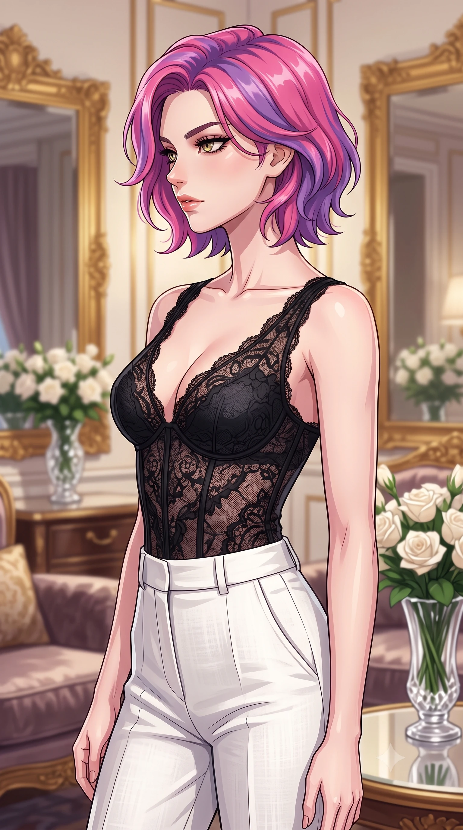 score_9, masterpiece, best quality, ultra-detailed, high-budget anime keyframe, tasteful artistic composition, Caucasian woman. close-up cowboy shot from the waist and thighs up, the character dominates the composition, filling the frame with her large presence, background elements kept in soft focus. turning her face in sharp profile, casting a cold, mysterious, yet intensely alluring side gaze, the background shows a soft-focus a luxury hotel suite corner with gold mirrors and white flower bouquets. She has an exceptionally elegant, slender, and willowy female figure with an ultra-slim waist, a gracefully sculpted slender torso, and a refined silhouette. sharp v-shaped jawline, high-bridge nose, intricate jewel-like eyes with depth, thick eyelashes, glossy lips with a natural sheen. wearing a form-contouring delicate lace corset top in black silk, paired with high-waisted white linen trousers. soft spotlighting highlighting the silk textures of her gown. highly saturated vibrant anime colors, cel-shading, 2d style, master piece, 9:16 ratio