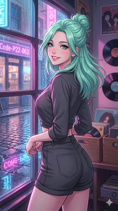 score_9, masterpiece, best quality, ultra-detailed, high-budget anime keyframe, vibrant anime aesthetic, Japanese woman. close-up cowboy shot from the waist and thighs up, the character dominates the composition, filling the frame with her large pres