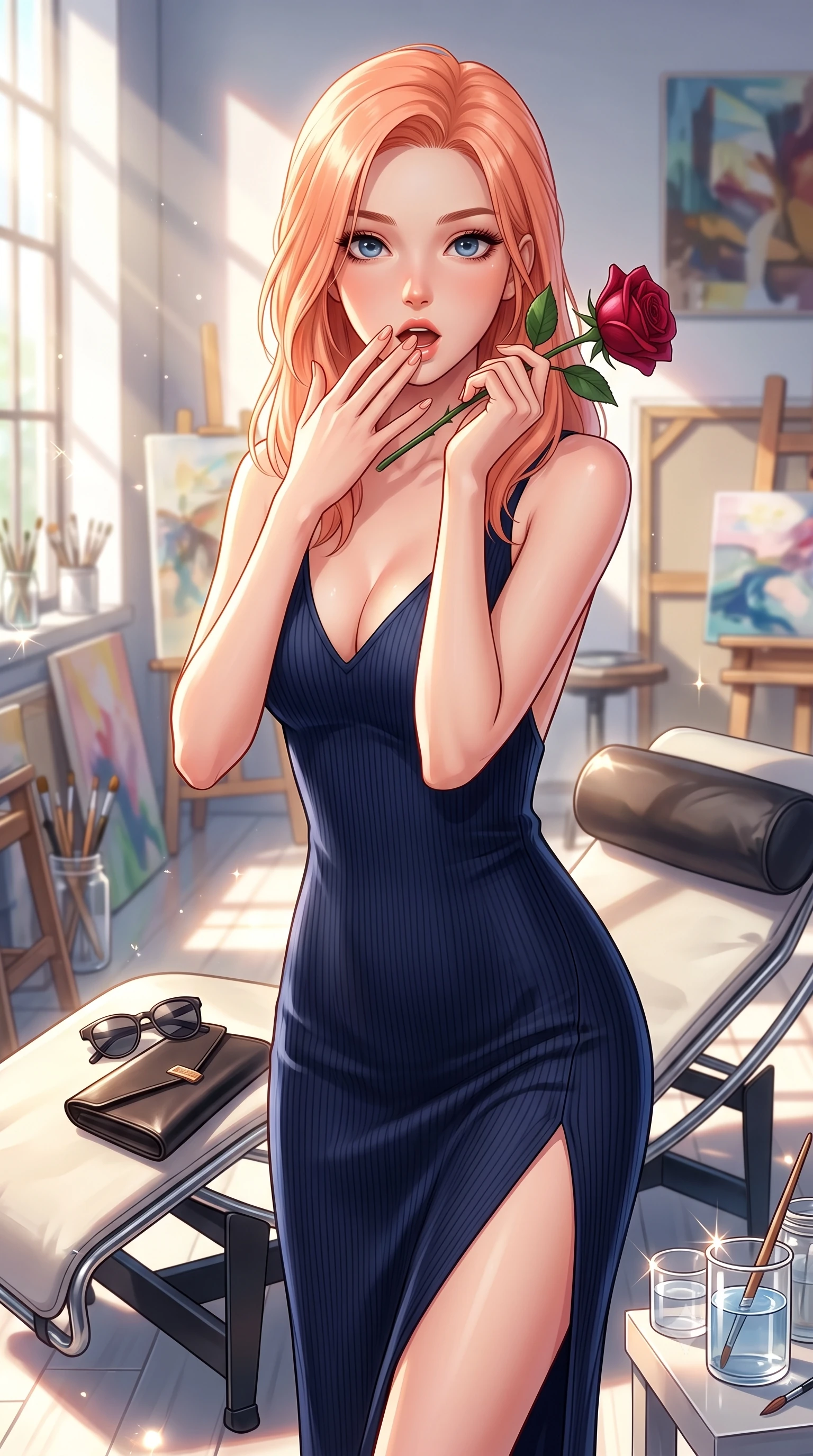 score_9, masterpiece, best quality, ultra-detailed, high-budget anime keyframe, editorial fashion photography, tasteful artistic composition, Japanese woman. close-up cowboy shot from the waist and thighs up, the character dominates the composition, filling the frame with her large presence, background elements kept in soft focus. gasping softly with a charming expression, holding a rose stem near her cheek with a magnetic stare set against a soft-focus background of inside an exclusive art atelier with a pair of designer sunglasses and a sleek leather clutch bag on the lounger. She has an exceptionally elegant, slender, and willowy female figure with an ultra-slim waist, a gracefully sculpted slender torso, and a refined silhouette. sharp v-shaped jawline, high-bridge nose, intricate jewel-like eyes with depth, thick eyelashes, glossy lips with a natural sheen. wearing tailored midnight navy ribbed cashmere open-back silk slip dress featuring a deep V-neckline and a leg-lengthening side slit featuring refined tailored seams. lit by crisp morning sun rays creating sparkling glints on polished glass and water. highly saturated vibrant anime colors, detailed shading with soft gradients, rich glossy textures, high-contrast stereoscopic depth, volumetric dynamic lighting, master piece, 9:16 ratio
