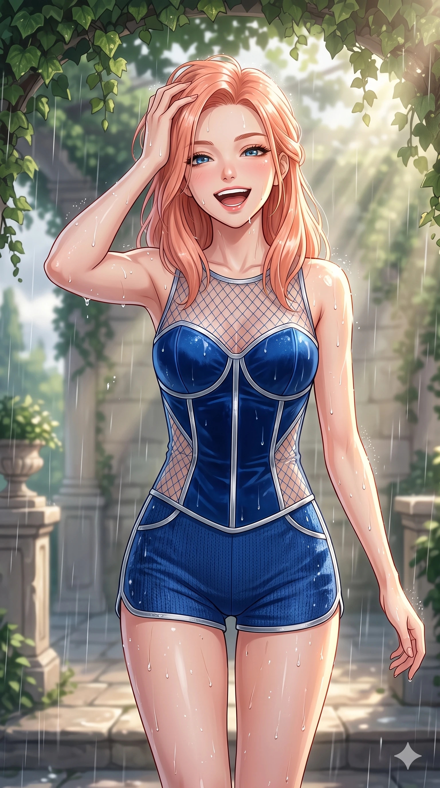 score_9, masterpiece, best quality, ultra-detailed, high-budget anime keyframe, vibrant anime aesthetic, Japanese woman. close-up cowboy shot from the waist and thighs up, the character dominates the composition, filling the frame with her large presence, background elements kept in soft focus. She is laughing happily while running her fingers through her hair in the rain, with her eyes bright and full of life with a lively, expressive stance. the background shows a soft-focus stone terrace of a classic villa under a leafy ivy canopy, during a warm summer rain shower (Code-P22-142). She has an absolutely perfect proportion, an exceptionally elegant and slender female figure with an ultra-slim waist. V-shaped jawline, high-bridge nose, intricate jewel-like eyes with depth, thick eyelashes, glossy lips with a natural sheen. wearing a delicate mesh overlay worn over a structured velvet bodice and knit shorts in sapphire blue and silver trim. She is bathed in volumetric morning sunbeams piercing through rain clouds, accentuating her slender silhouette inside the retro conservatory cafe. 2k, ultra detail, master piece, 9:16 ratio