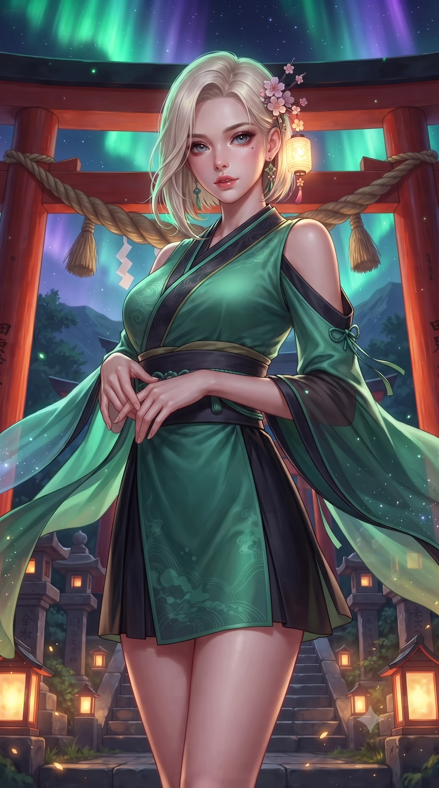 score_9, masterpiece, best quality, ultra-detailed, high-budget anime keyframe, editorial fashion photography, tasteful artistic composition, Caucasian woman. close-up cowboy shot from the waist and thighs up, the character dominates the composition, filling the frame with her large presence. holding her hands loosely in front with regal, aristocratic poise, radiating an overwhelming high-society aura while pivoting dynamically as sacred shimenawa ropes sway in the mountain wind, her flowing silk sleeves catching the celestial glow. The surrounding environment is rendered in vivid detail and crisp panoramic clarity. intricate vermilion torii wood grain, braided straw shimenawa textures, and stone lantern carvings in deep focus. She has an exceptionally elegant, slender, and willowy female figure with an ultra-slim waist, a gracefully sculpted slender torso, toned flat midriff, and a refined slim silhouette. sharp v-shaped jawline, high-bridge nose, intricate jewel-like eyes with depth, thick eyelashes, glossy lips with a natural sheen, captivating and magnetic expression, flawlessly proportioned anatomical accuracy, strict slender model proportions, natural body alignment, perfectly sculpted long slender limbs, ultra-slim waistline, clean dynamic posture without body distortion. wearing a traditional-modern silk fusion wrap dress with asymmetric trailing sleeves and waist-cinching obi in jade green and dark obsidian, tailored from crisp ceremonial cotton and multi-layered translucent chiffon, accessorized with delicate cherry blossom hairpins and glowing paper lantern charms, the form-contouring material adhering flawlessly to her sculpted flat midriff and slender torso, emphasizing her long leg lines and perfectly proportioned willowy build. bathed in vibrant emerald and violet aurora light overhead and warm golden lantern uplights from below. ultra-reflective glossy finish, specular highlights, rich textural contrasts, high-contrast stereoscopic depth, volumetric dynamic lighting, 2k, ultra detail, master piece, 9:16 ratio