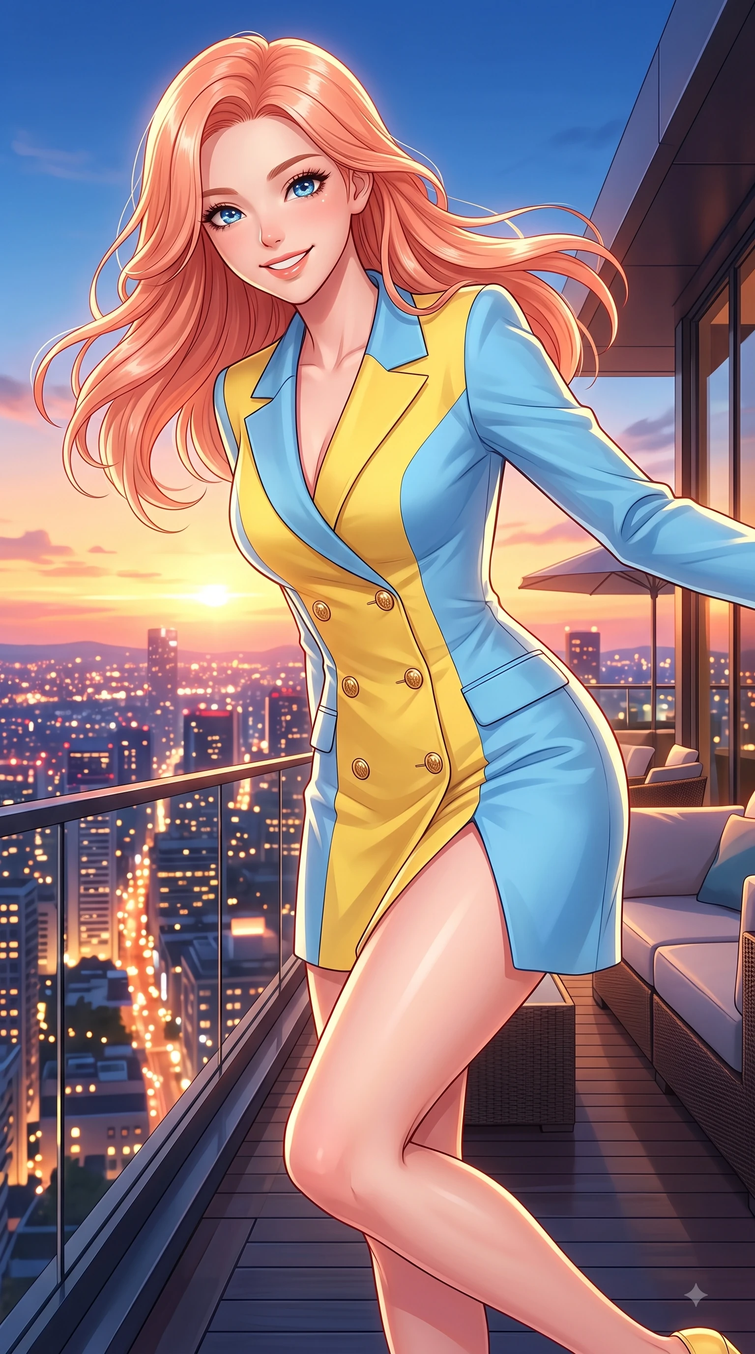 score_9, masterpiece, best quality, ultra-detailed, high-budget anime keyframe, editorial fashion photography, tasteful artistic composition, Japanese woman. close-up cowboy shot from the waist and thighs up, the character dominates the composition, filling the frame with her large presence. Cheerful beaming smile with sparkling eyes and a fresh girlhood aura, leaning forward with playful grace while stepping gracefully onto an open-air rooftop terrace as sunset city lights twinkle below. The surrounding environment is rendered in vivid detail and crisp panoramic clarity. vibrant city lights and stylish terrace lounge decor captured with environmental precision. She has an exceptionally elegant, slender, and willowy female figure with an ultra-slim waist, a gracefully sculpted slender torso, and a refined silhouette. sharp v-shaped jawline, high-bridge nose, intricate jewel-like eyes with depth, thick eyelashes, glossy lips with a natural sheen, flawlessly proportioned anatomical accuracy, natural body alignment, perfectly sculpted elegant limbs, clean dynamic posture without body distortion. wearing a sleek double-breasted blazer dress with gold button accents in sunny canary yellow and clear sky blue, crafted from lightweight fluid chiffon, featuring a sleek side leg slit ascending to mid-thigh, the form-contouring material highlighting her ultra-slim waist and long lines. illuminated by crisp specular highlights and clear rim lighting. highly saturated vibrant anime colors, detailed shading with soft gradients, rich glossy textures, high-contrast stereoscopic depth, volumetric dynamic lighting, master piece, 9:16 ratio