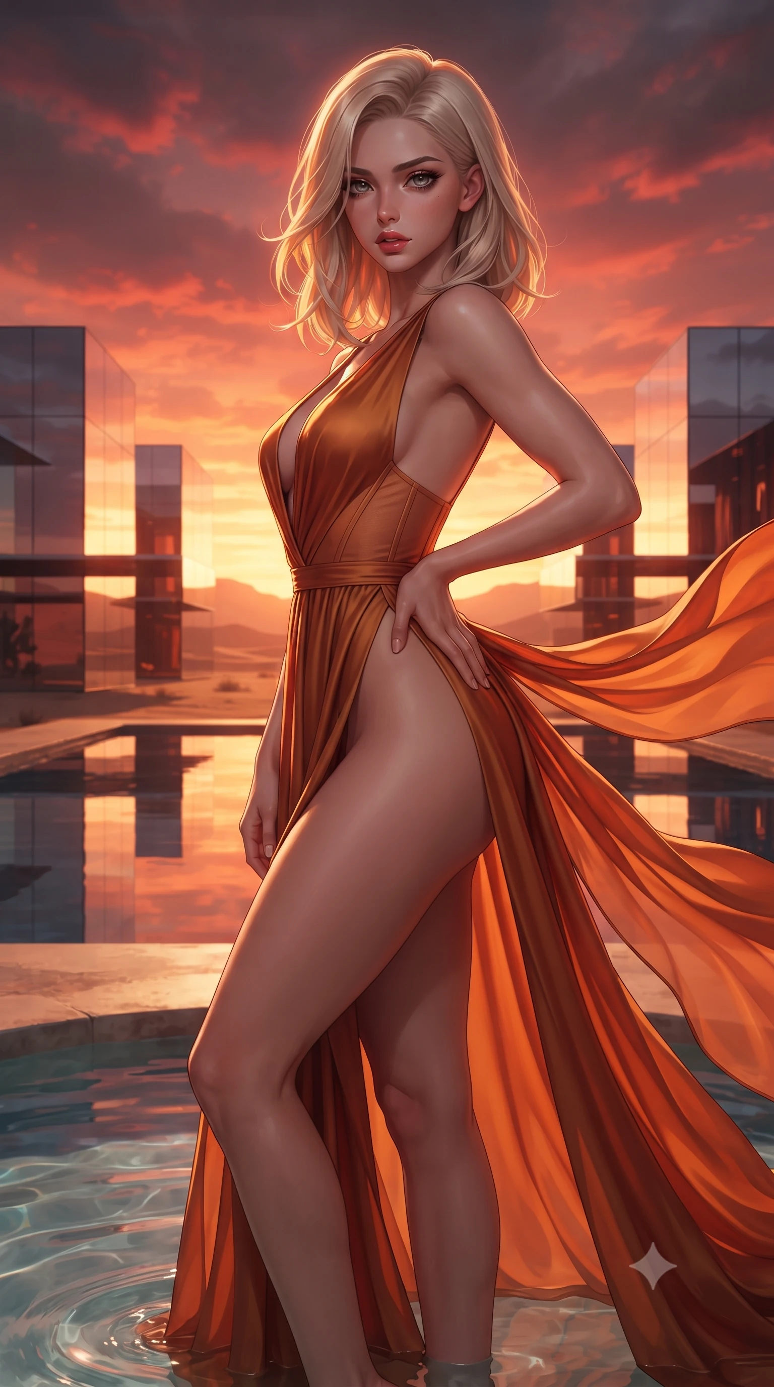 score_9, masterpiece, best quality, ultra-detailed, high-budget anime keyframe, editorial fashion photography, tasteful artistic composition, Caucasian woman. close-up cowboy shot from the waist and thighs up, the character dominates the composition, filling the frame with her large presence. twisting her slender torso in a deep contrapposto stance, hips dramatically shifted to accentuate her feminine curves while looking past her shoulder with smoldering bedroom-eyes while dipping her toes into a crystal oasis pool before a mirrored desert palace, hips cocked back in a seductive S-curve as she looks over her shoulder. The surrounding environment is rendered in vivid detail and crisp panoramic clarity. breathtaking desert sunset chiaroscuro and futuristic nomad palace aesthetics rendered with precision. She has an exceptionally elegant, slender, and willowy female figure with an ultra-slim waist, a gracefully sculpted slender torso, toned flat midriff, and rounded feminine hips creating an alluring hourglass silhouette. sharp v-shaped jawline, high-bridge nose, intricate jewel-like eyes with depth, thick eyelashes, glossy parted lips with a natural sheen, intensely captivating and seductive bedroom-eyes expression, flawlessly proportioned anatomical accuracy, strict slender model proportions, natural body alignment, perfectly sculpted long slender limbs, ultra-slim waistline, clean dynamic posture without body distortion. wearing a plunging-V neckline silk crepe gown with open side slits ascending to the high hip in molten desert gold and burnt terracotta, tailored from fluid silk crepe with delicate inner corsetry boning, finished with sheer floating train panels fluttering behind her in the desert breeze, the second-skin form-contouring cut accentuating her sculpted flat midriff, narrow waistline, and dramatically curvy hips without adding bulk. bathed in blazing crimson sunset backlighting and warm amber sand bounce lights. ultra-reflective glossy finish, specular highlights, rich textural contrasts, high-contrast stereoscopic depth, volumetric dynamic lighting, 2k, ultra detail, master piece, 9:16 ratio