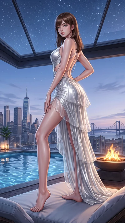 score_9, masterpiece, best quality, ultra-detailed, high-budget anime keyframe, semi-realistic 3D game render, editorial fashion photography, tasteful artistic composition, Korean woman. low angle full-body shot from head to toe showing her feet, fil