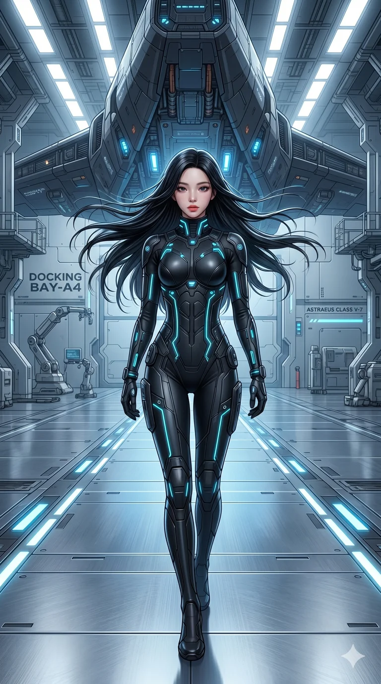 score_9, score_8_up, score_7_up, source_anime, masterpiece, best quality, ultra-detailed, same character with long flowing black hair, wearing a sleek black sci-fi pilot plugsuit with glowing neon blue accents, full body shot walking confidently towards a massive futuristic spaceship, high-tech hangar bay, bright sterile white lights, 2k, 9:16 ratio