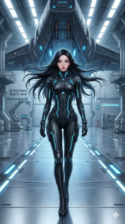 score_9, score_8_up, score_7_up, source_anime, masterpiece, best quality, ultra-detailed, same character with long flowing black hair, wearing a sleek black sci-fi pilot plugsuit with glowing neon blue accents, full body shot walking confidently towa