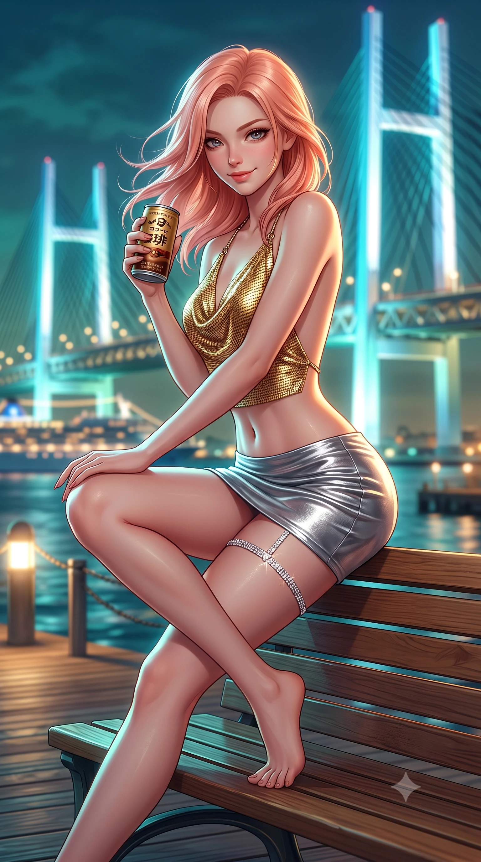 score_9, masterpiece, best quality, ultra-detailed, high-budget anime keyframe, semi-realistic 3D game render, editorial fashion photography, tasteful artistic composition, Japanese woman. close-up cowboy shot from the waist and thighs up, the character dominates the composition, filling the frame with her large presence. perched sideways on the lounge seat, one knee drawn up to showcase her slender leg line while her arched back accentuates her feminine hip curve while sitting perched gracefully on the pier bench with legs extended, holding a canned coffee while flashing a warm coquettish smile. The background shows a soft-focus the towering illuminated cables of Yokohama Bay Bridge and harbor cruise ship lights blurred into aquamarine, sapphire, and gold bokeh. She has an exceptionally elegant, slender, and willowy female figure with an ultra-slim waist, flat toned midriff, narrow ribcage, and sculpted feminine hips creating an alluring, slim hourglass silhouette without bulk. sharp v-shaped jawline, high-bridge nose, sparkling eyes with hypnotic seductive depth, thick curled eyelashes, glossy parted lips with a natural dewy peach sheen, alluring bedroom-eyes with an enchanting coquettish smile, exuding magnetic siren charisma and sophisticated glamour, flawlessly proportioned anatomical accuracy, strict slender model proportions, natural body alignment, perfectly sculpted long slender limbs, ultra-slim waistline, clean dynamic posture without body distortion. wearing a liquid gold chainmail cowl halter top paired with an ultra-low-rise velvet mini skirt in metallic liquid silver and deep sapphire navy, tailored from fine ribbed modal knit with gentle elastic contouring and soft hand-feel, accented with a delicate crystal-encrusted thigh garter strap glinting under the lights, the second-skin tailored fabric adhering flawlessly to her sculpted flat midriff and slender torso, emphasizing her long leg lines and perfectly proportioned willowy build. bathed in the glowing azure and white illumination of the suspension bridge towers. highly saturated vibrant anime colors, detailed shading with soft gradients, rich glossy textures, high-contrast stereoscopic depth, volumetric dynamic lighting, master piece, 9:16 ratio