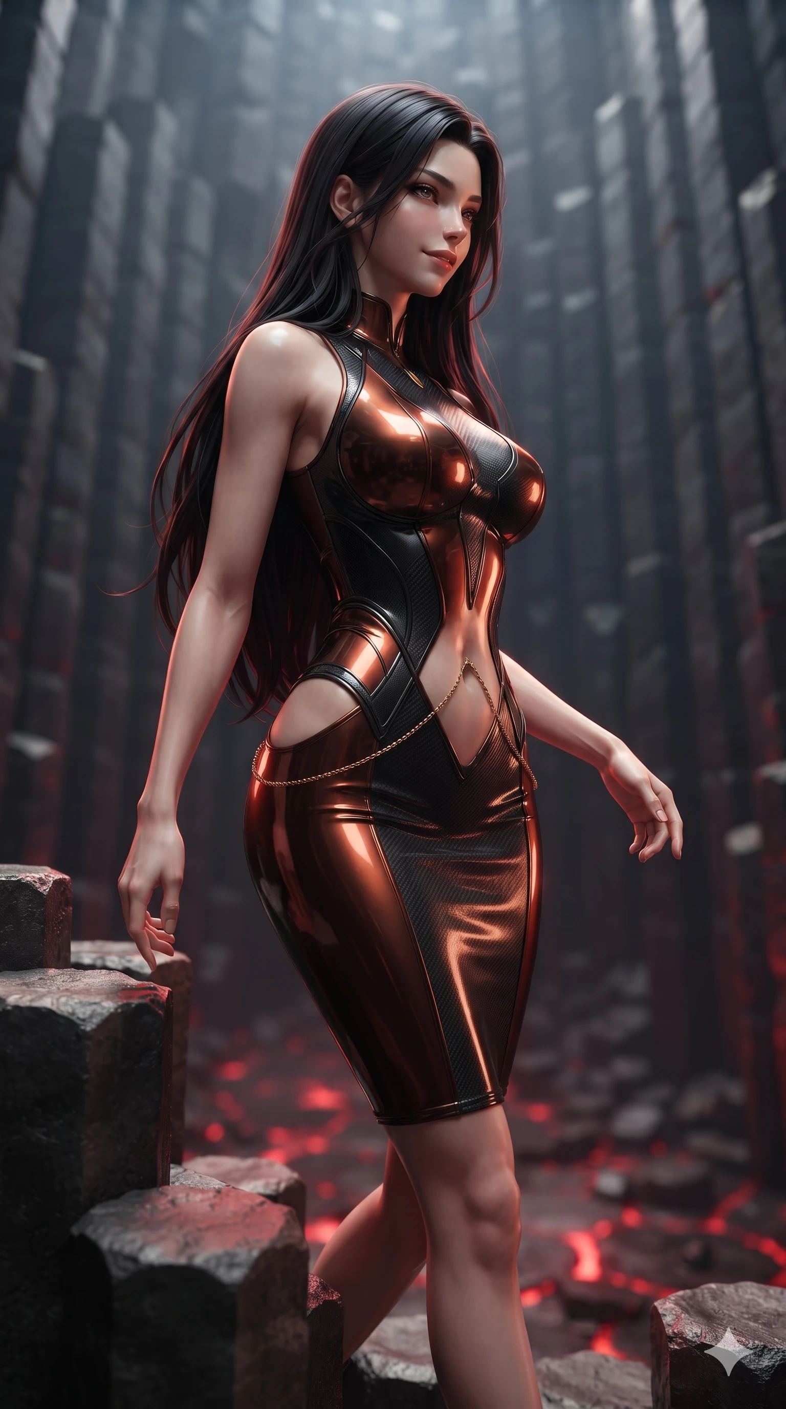 score_9, masterpiece, best quality, ultra-detailed, high-budget anime keyframe, editorial fashion photography, tasteful artistic composition, Korean woman. close-up cowboy shot from the waist and thighs up, the character dominates the composition, filling the frame with her large presence. glancing sidelong over her shoulder with a smoldering, enigmatic half-smile that commands the frame while stepping down from column to column with feline poise, her long slender legs and curvy hips commanding the volcanic geometry. The background shows a soft-focus soaring vertical hexagonal basalt columns, dramatic subterranean chasms, and crimson floor light fissures blurred into ruby, charcoal, and black bokeh. She has an exceptionally elegant, slender, and willowy female figure with an ultra-slim waist, flat toned midriff, narrow ribcage, and sculpted feminine hips creating an alluring, slim hourglass silhouette without bulk. sharp v-shaped jawline, high-bridge nose, intricate jewel-like dark sparkling eyes with hypnotic seductive depth, thick curled eyelashes, glossy parted lips with a natural wine sheen, alluring bedroom-eyes with an enigmatic smoldering smile, exuding magnetic sovereign charisma and dark avant-garde glamour, flawlessly proportioned anatomical accuracy, strict slender model proportions, natural body alignment, perfectly sculpted long slender limbs, ultra-slim waistline, clean dynamic posture without body distortion. wearing a precision-fitted bodycon dress in high-gloss liquid vinyl in dark burnt copper and matte black, woven from matte carbon-fiber weave with high-tech structural hold, accented with a dainty gold belly chain resting across her flat midriff and curving hips, contouring every curve with an exceptionally elegant silhouette and captivating allure. illuminated by volcanic stone bounce and sharp scarlet-amber rim lights defining her razor-sharp jawline, narrow waist, and curvy hips. ultra-reflective glossy finish, specular highlights, metallic sheen, high-contrast stereoscopic depth, volumetric dynamic lighting, 2k, ultra detail, master piece, 9:16 ratio