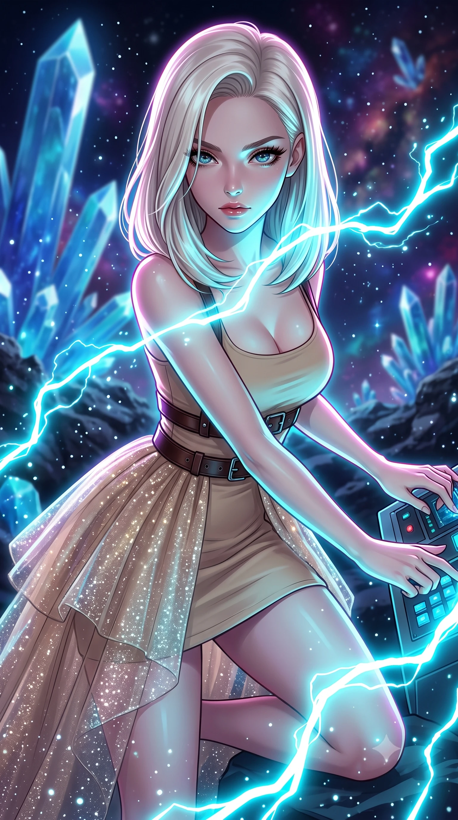 score_9, masterpiece, best quality, ultra-detailed, high-budget anime keyframe, editorial fashion photography, tasteful artistic composition, Caucasian woman, strictly human ears. close-up cowboy shot from the waist and thighs up, the character dominates the composition, filling the frame with her large presence, background elements kept in soft focus. Overloading the reactor core, her face illuminated by the bright cyan electrical energy arcing around her. set against a soft-focus background of a valley of blue selenite crystals on a dark asteroid, stardust falling like sparkling snow in zero gravity. She has an exceptionally elegant and slender, willowy female figure with an ultra-slim waist, a gracefully sculpted slender torso, and a refined slim physique. sharp v-shaped jawline, high-bridge nose, intricate jewel-like eyes with depth, thick eyelashes, glossy lips with a natural sheen. wearing catching and diffusing the glowing particles, shimmering softly in response to the surrounding light, a tailored transparent overlay skirt in beige tulle over a fitted matching mini dress, styled with a leather belt. highly saturated vibrant anime colors, intense vivid color palette, soft 3D volumetric shading, volumetric dynamic lighting, brilliant cinematic volumetric lighting with intense neon rim light outlining her form. 2k, ultra detail, master piece, 9:16 ratio