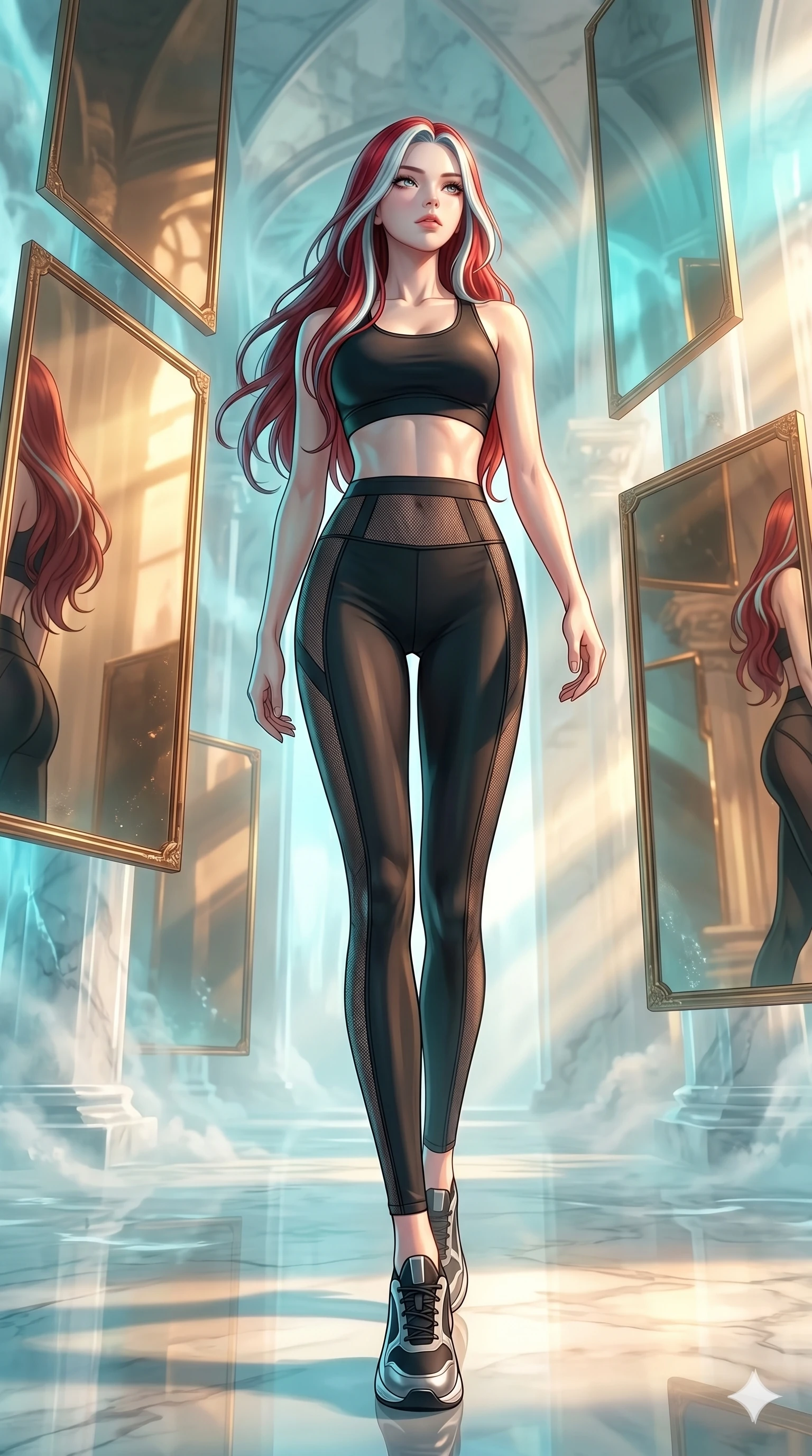 score_9, masterpiece, best quality, ultra-detailed, high-budget anime keyframe, Japanese woman. low angle full-body shot filling the entire 9:16 frame with her statuesque presence, stretching the vertical silhouette. wandering through a mirage cloud cathedral of translucent marble and water mist, surrounded by floating ancient bronze mirror walls. She has an absolutely perfect 8-heads proportion, an exceptionally tall and slender female figure with impossibly long slender legs and an ultra-slim waist. V-shaped jawline, high-bridge nose, intricate jewel-like eyes with depth, thick eyelashes, glossy lips with a natural sheen.. wearing a sheer mesh athleisure set, featuring a tight matte black top and leggings with semi-opaque mesh panels tracing the curves of her waist and thighs. showcasing a beautiful play of light and shadow, with warm golden rays clashing against cool cyan highlights. 2k, ultra detail, master piece, 9:16 ratio