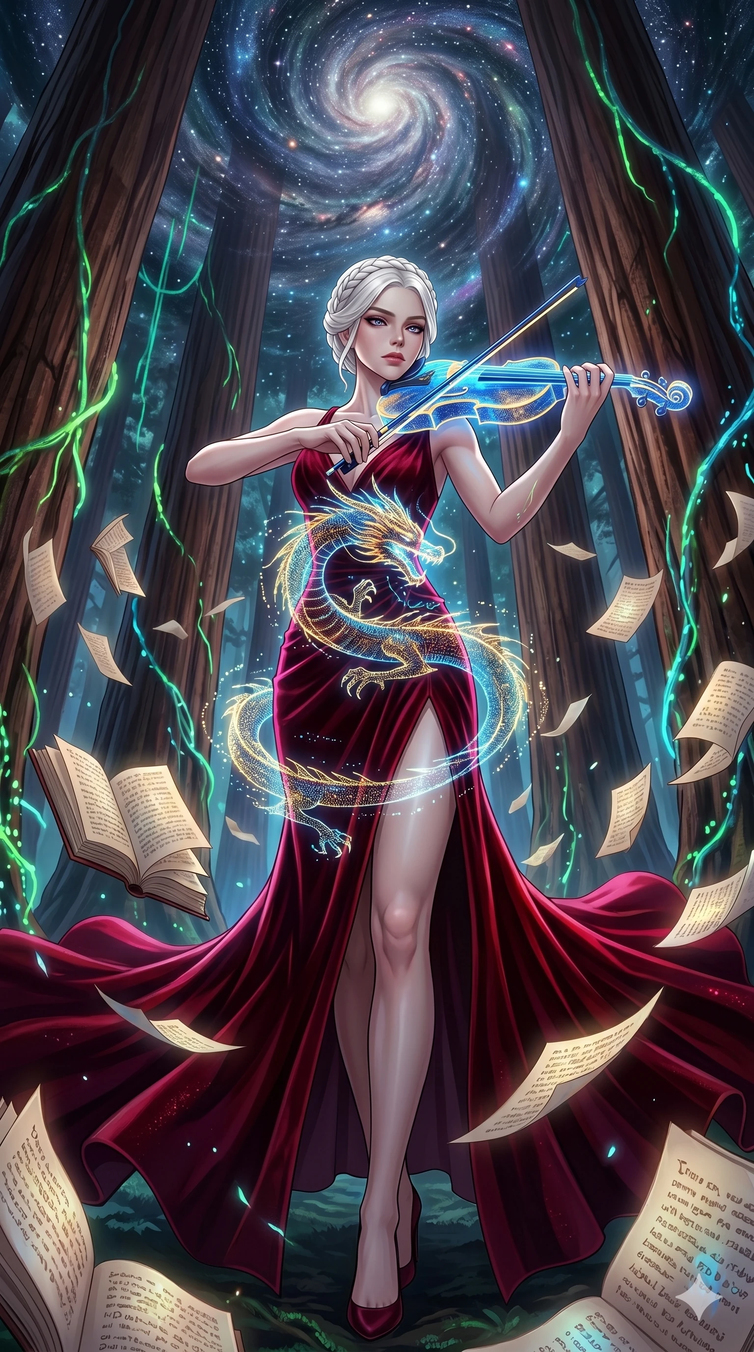 score_9, masterpiece, best quality, ultra-detailed, Set A: High-budget Anime Keyframe, Caucasian (human ears) woman. Low angle cowboy shot filling the entire 9:16 frame with her statuesque presence. Theme: Primal Nature. playing a holographic violin in a giant redwood forest with glowing vines, surrounded by a whirlwind of 103 floating ancient scrolls. The atmosphere is filled with a swirling vortex of stars. She has an absolutely perfect 8-heads proportion, an exceptionally tall and slender female figure with impossibly long slender legs and an ultra-slim waist. Sharp v-shaped jawline, high-bridge nose, intricate jewel-like eyes with depth, glossy lips. Wearing High-slit velvet gown with integrated holographic projection of a dragon. Cinematic lighting, vivid colors, dramatic shadows, 2k, ultra detail, master piece, 9:16 ratio