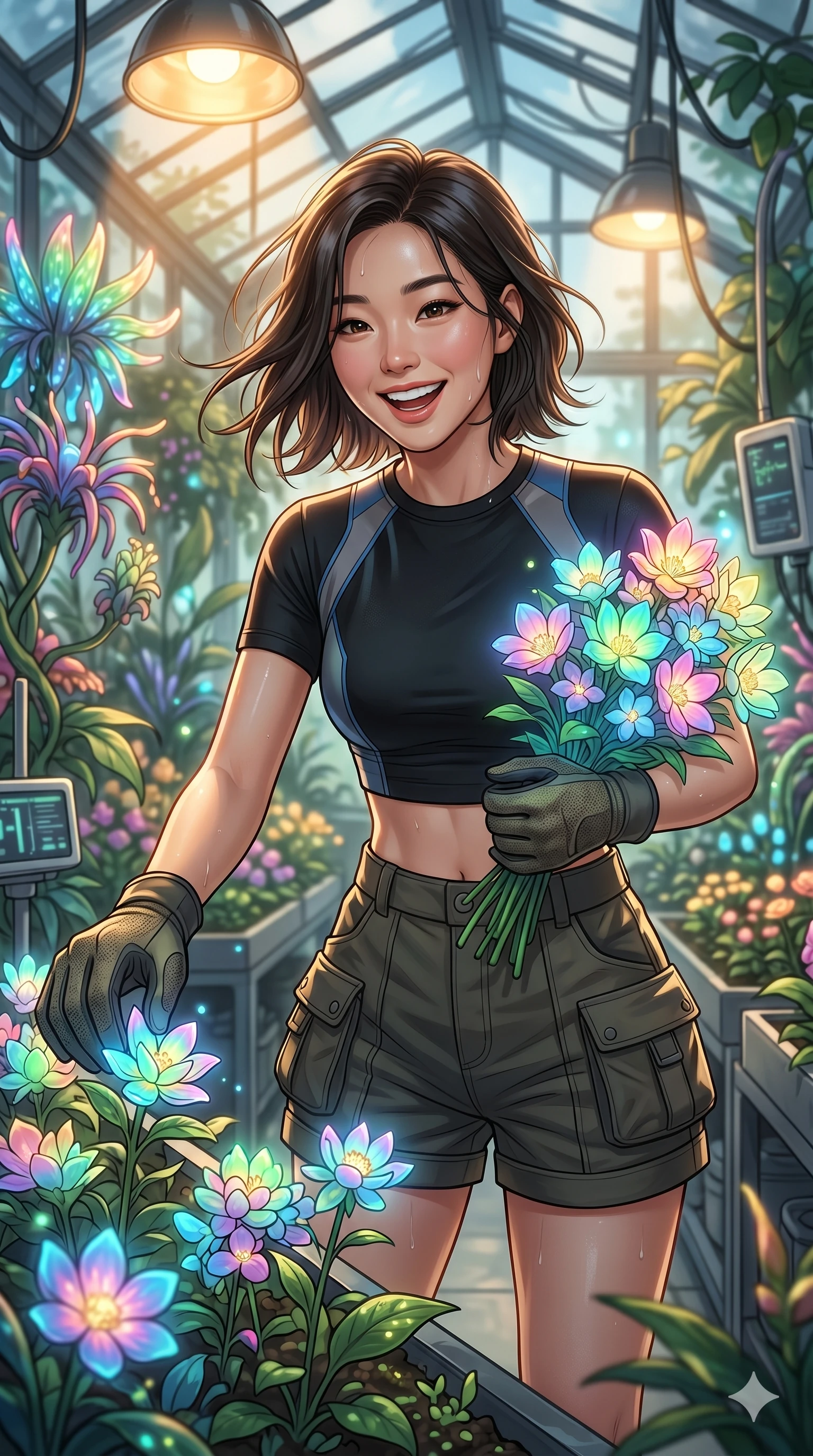 score_9, masterpiece, best quality, ultra-detailed, high-budget anime keyframe, editorial fashion photography, tasteful artistic composition, Korean woman. Upper body close-up from the thighs up, character filling the screen for maximum presence. Inside a biotech garden greenhouse, picking glowing flowers, holding a bunch of glowing flowers with a happy, excited expression. She is wearing a cropped tech-wear top, utility shorts, and protective gloves. The scene is lit by warm sun lamps and the soft multi-colored glow of the flowers. 2k, ultra detail, master piece, 9:16 ratio